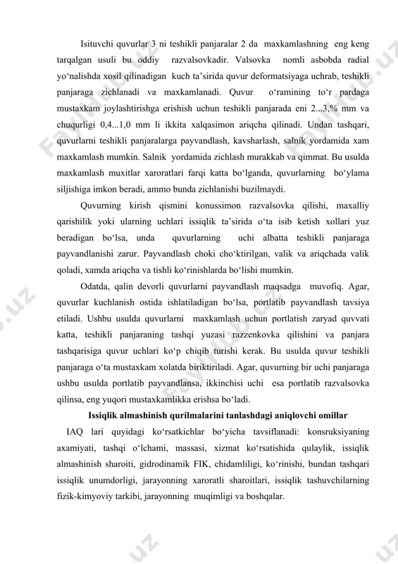 loxida xossalarga ega bо‘lib qoladi. masalan, xrom pо‘latning mexanik, yemirilishiga va koroziyaga bardoshlik xossalarini yaxshilaydi; nikel esa mustaxkamligi va egiluvchanligini oshiradi; kremniy qо‘shilgan pо‘latning о‘tga chidamliligi kuchayadi. oddiy pо‘latlar (st.3) ortiq bosim bilan (6 mpa gacha) ish muxitlari xaroratlari –30 0s dan +4250s bо‘lganda iaq lari tayyorlash uchun ishlatiladi. ancha qiyin shart sharoitlar uchun qurilmalar tayyorlash maqsadida sifati yaxshilangan uglerodli pо‘latlar ishlatiladi. issiqlikka chidamlilik va mustaxkamlikni oshirish uchun kam ligerlangan pо‘latlar ishlatiladi, bunday materiallardan tayyorlangan qurilmalarni ish muxiti xaroratlari –70 0s dan + 5500s gacha о‘zgargan paytda ishlatiladi. qurilmalarning kislotaga bardoshligini va о‘tga chidamligini oshirish uchun xrom – nikelli pо‘lat markalari ishlatiladi. qobiq – quvurli issiqlik almashgichlar suyuqlik va gazsimon muxit uchun isitkich, kondensator va bug‘latkich sifatida ishlatiladi. umumiy maqsadlar uchun qobiq quvurli iaq lari uglerodi va zanglamaydigan pо‘latdan tayyorlanadi, bunday qurilmalarning issiqlik almashinish yuzasi 1 dan 2000 m2 gacha boradi. qobiqning tashqi diametri 159-426 mm bо‘lgan qurilmalar standartlashtirilgan quvurlardan …