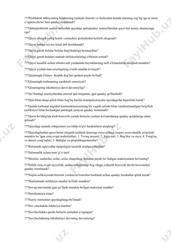 g; 2) terini oqadigan suv bilan yuvib tashlang; 3) odamdan kislota bilan namlangan kiyimni olib tashlash; 4) shikastlangan joyni zaif soda eritmasi bilan yuving; 5) jabrlanuvchini tibbiy muassasaga yetkazish kerakmi? ???ko'k yo'talning inkubatsiya davrining davomiyligi ? ???ko'pgina yara asoratlarining rivojlanishida mikroorganizmlar ishtirok etishini kim isbotlagan? ???kuyish jarohatida nima qilish kerak? ???maishiy allergiyalari klinik ko'rinishlarni kuchaytirishi mumkin bo’lgan xolatlar? ???maktab o'quvchilari orasida tish kariyesi qanchalik keng tarqalgan? ???maktabgacha ta’lim muassasasining perimetri devor bilan o‘ralgan, balandligi necha metr? ???maktabgacha ta'lim muassasalarida yotoqlar minimal bo'shliqlar bilan tartibga solinganmi? ???maktabgacha yoshda qaysi kasalliklar ko'proq uchraydi? ???metalni kesmaydigan asboblarni sterilizatsiya qilishning asosiy usuli ? ???mikroorganizmlarga bevosita ta'sir qilish uchun preparat? ???milliy emlash kalendariga ko‘ra, gemofiliya infektsiyasiga qarshi emlash taqvimi ???milliy emlash kalendariga ko'ra parotitga qarshi emlash taqvimi? ???milliy emlash kalendariga ko'ra, difteriya va qoqsholga qarshi emlash taqvimi? ???milliy emlash kalendariga ko'ra, pnevmokokk infektsiyasiga qarshi emlash taqvimi? ???milliy emlash kalendariga ko'ra, qizamiqga qarshi emlash taqvimi? ???milliy …
