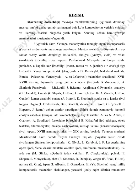 boshida yevropa musiqasi ma'rifatchilik davri hamda buyuk fransiya inqilobi g‘oyalari ta'siri ostida rivojlangan (fransuz kompo-zitorlari k. glyuk, l. kerubini, j. f. lesyuerlarning opera ijodi, vena klassik maktabi vakillari ijodi, simfonizm musiqatafakkuri). 19-a.da rus (m. glinka, «qudratli tuda» vakillari, p. chaykovskiy), polyak (f. shopen, s. monyushko), chex (b. smetana, d. dvorjak), venger (f. erkel, f. list), norveg (e. grig), ispan (i. albenis, e. granados), fin (ya. sibelius) yangi milliy kompozitorlik maktablari shakllangan, yetakchi ijodiy oqim sifatida romantizm karor topgan (k. m. veber, f. shubert, r. shuman, f. mendelson, g. berlioz, n. paganini vab.). xx asrning musiqa tarixida alohida o‘rin tutadi. musiqa madaniyatining barcha jabhala-rida tub o‘zgarishlar yuz bergan. ijo-dida yangi-yangi uslub va yo‘nalishlar (musiqiy avangardizm, modernizm) rivoj topgan. xx asrda yuz bergan ilmiy-texnik va informatsion inqiloblar (radio, televidenie, grammplastinka va magnit yozuvlarini ixtiro etish) natijasida musiqasining tinglovchilarga yetkazish va eshitish sohalarida yangi imkoniyatlar paydo bo‘ldi. buning natijasida ommabop musiqa madaniyati rivoj …