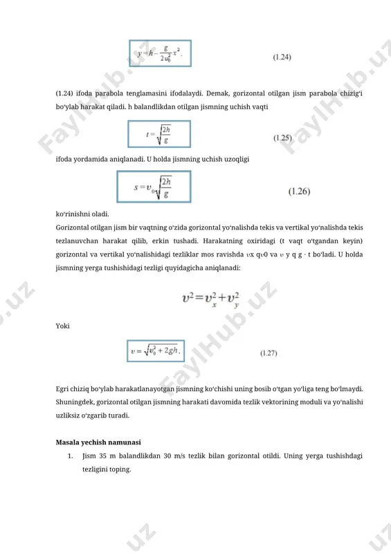 ) gorizontal va vertikal yo‘nalishidagi tezliklar mos ravishda x q0 va y q g · t bo‘ladi. u holda jismning yerga tushishidagi tezligi quyidagicha aniqlanadi: yoki egri chiziq bo‘ylab harakatlanayotgan jismning ko‘chishi uning bosib o‘tgan yo‘liga teng bo‘lmaydi. shuningdek, gorizontal otilgan jismning harakati davomida tezlik vektorining moduli va yo‘nalishi uzliksiz o‘zgarib turadi. masala yechish namunasi 1. jism 35 m balandlikdan 30 m/s tezlik bilan gorizontal otildi. uning yerga tushishdagi tezligini toping. 1. gorizontal otilgan jism qanday harakatlarda qatnashadi? 2. gorizontal otilgan jismning trayektoriyasi qanday chiziqdan iborat? 3. gorizontal otilgan jism tezligining gorizontal va vertikal tashkil etuvchilaridan qaysi biri jism harakati davomida o‘zgarmaydi? 4. kundalik turmushdan mavzuga doir qo‘shimcha misollar keltira olasizmi? 5. gorizontal yo‘nalishda boshlang‘ich 10 m/s tezlik bilan otilgan jism ning uchish uzoqligi, otilish balandligiga teng bo‘ldi. jism qanday balandlikdan otilgan? image1.png image2.png image3.png image4.png