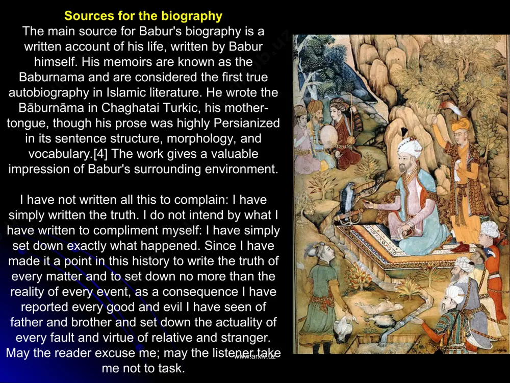gious order of shi'a sufis from safavid persia who later became one of the most influential groups in the mughal court. babur is said to have been extremely strong and physically fit. he could allegedly carry two men, one on each of his shoulders, and then climb slopes on the run, just for exercise. legend holds that babur swam across every major river he encountered, including twice across the ganges river in north india.[21] his passions could be equally strong. in his first marriage he was "bashful" towards ʿāʾisha ṣultān begum, later losing his affection for her.[22] babur also had a great passion to kill people, cut heads of people and create pillars out of cut head. he claimed to have created several such pillars in his autobiography www.arxiv.uz www.arxiv.uz though religion had a central place in his life, babur also approvingly quoted a line of poetry by one of …