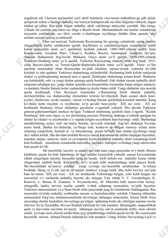 vaga tashib ketildi. ular orasida san’at darajasida ishlangan muhammad rahim taxti, amir temur maqbarasining naqshinkor darvozasi, undagi bitiklar, oynalar, oltin koshinlar, ahmad yassaviy maqbarasidagi naqshinlar, katta qozon («nazir-niyoz qozoni»), turli tarixiy buyumlar, noyob kitoblar va boshqalar boredi. islom diniga e’tiqod, ruhoniylar, masjid va madrasalar oyoq osti qilina bordi. rossiya ma’murlari musulmon muassasalari, madrasa ishlariga aralashib, ularning faoliyatini tobora cheklab bordi. xix asrning oxiri – xx asr boshlarida maorif tizimida sezilarli o‘zgarishlar yuz berdi. markaziy osiyo rossiya tomonidan bosib olinishiga qadar hozirgi o‘zbekiston hududida diniy musulmon o‘quv yurtlari (eski maktab, madrasa, qorixona va boshqalar), ayniqsa boshlang‘ich ma'lumot beruvchi eski maktablar keng tarqalgan edi. xx asr boshida turkiston o‘lkasida taxminan 5 mingga yaqin eski maktab mavjud edi. bu maktablarda o‘quvchilarga nisbatan jismoniy kuch keng ishlatilar edi. t. qoriniyoziy bu haqda shunday deb yozgan edi: “odatda bolani maktabga olib borib, domlaga topshirguncha, ota quyidagi an'anaviy gaplarni aytar edi: “go‘shti – sizniki, suyagi – …