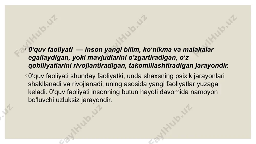 siyalarning shakllanishi. bu mexanizm alohida bilimlar orasida yoki tajriba qismlari o‘rtasida vaqtinchalik bog’lanishlar o‘rnatish asosida yotadi. 2. taqlid qilish. ko‘nikma va malakalar shakllanishi uchun asos boladi. 3. farqlash va umumlashtirish. tushunchalar shakllanishi bilan bog’liq. 4. insayt (taxmin). inson tomonidan qandaydir yangi informatsiyani qarab chiqish, o‘tmish tajribadan ma’lum narsada noma’lumni ko‘rishdir. insayt bolaning intellekti rivojlanishi uchun kognitiv baza hisoblanadi. 5. ijod. yangi bilim, ko‘nikma va malakalarni yaratish uchun asos hisoblanadi. tarbiya — bu shaxsning ijtimoiy, ma’naviy va ishlab chiqarish faoliyatiga tayyorlash maqsadida uning ma’naviy, jismoniy kamolotiga muntazam ravishda ta’sir ko'rsatish jarayonidir. tarbiya metodlari va vositalarining psixologik mazmuni. tarbiya vositalari sifatida tashkil etilgan va tashkil etilmagan ta’sirlar tushunilib, ular yordamida bir guruh insonlar — tarbiyachilar boshqa guruh odamlariga — tarbiyalanuvchilarga ma’lum psixologik sifatlar va xulq-atvor hosil qilish maqsadida ta’sir o‘tkazadilar. aniq qilib aytganda, shaxsga psixologik ta’sir vositasida tarbiyachi tomonidan tarbiyalanuvchining shaxsiyatini o‘zgartirish uchun qo’llanilgan harakatlar tushuniladi. e’tiboringiz uchun raxmat! image2.jpg image3.png image4.png …