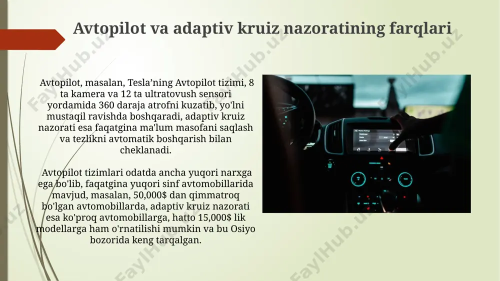 lari gps, radar va kamera kabi sensorlardan olingan ma’lumotlarni qayta ishlash orqali, 30 km/soatdan yuqori tezlikda, yo’l chiziqlarini aniqlash va boshqarishni ta’minlaydi, masalan, tesla kompaniyasining autopilot tizimi kaliforniyada sinovdan o’tkazilgan. adaptiv kruiz nazoratining xususiyatlari ba'zi zamonaviy modellarda adaptiv kruiz nazorati to'xtash va harakatlanish funksiyasi bilan jihozlangan bo'lib, 3 soniyagacha to'liq to'xtash va avtomatik ravishda qayta harakatlanish imkonini beradi, bu esa shahar sharoitida foydalanishni qulaylashtiradi. adaptiv kruiz nazorati 0 dan 180 km/soat tezlik oralig'ida ishlaydi va oldingi transport vositasining masofasini radar yordamida aniqlab, tezlikni avtomatik ravishda moslashtiradi, bu esa germaniya avtobanlarida xavfsizlikni oshiradi. e'tiboringiz uchun rahmat @taqdimot_robot image1.jpg image2.jpg image3.jpg image4.jpg image5.jpg image6.jpg image7.jpg image8.jpg image9.jpg
