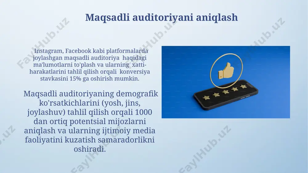 da 3 dan ortiq marketing kampaniyalarini bir vaqtning o'zida boshqarish, roi (return on investment) ni o'lchash tizimini joriy etish va budjetni optimallashtirish zarur. analitik vositalardan foydalanish influencer marketing kampaniyalari samaradorligini baholash uchun, vositalar yordamida 100 ta influencerning o‘rtacha o‘zaro ta'sir ko‘rsatkichlarini (er) va konversiyalar sonini tahlil qilish imkoniyati mavjud. analitik vositalar, masalan, google analytics yordamida veb-saytingizga yo‘naltirilgan ijtimoiy media trafik miqdorini (masalan, 5000 dan ortiq) va konversiya stavkalarini aniqlash mumkin. roi (investitsiyalar daromadini) hisoblash ijtimoiy media marketing kampaniyalari samaradorligini baholashda roini hisoblashda konversiya stavkalari (masalan, 10% dan 20% gacha o'sish) va mijozlarni jalb qilish narxini hisobga olish muhim. roi hisob-kitoblarida har bir post yoki reklama uchun olingan "layk", sharh va ulashishlar soni kabi metriklarni tahlil qilish va ularni sarflangan mablag'lar bilan taqqoslash orqali samaradorlikni aniqlash mumkin. brend obro'sini kuzatish brend obro'sini kuzatishda ijtimoiy media monitoring vositalaridan foydalanish, masalan, brand24 yoki talkwalker, salbiy fikrlarni 30% ga kamaytirish va mijozlar munosabatlarini 15% …