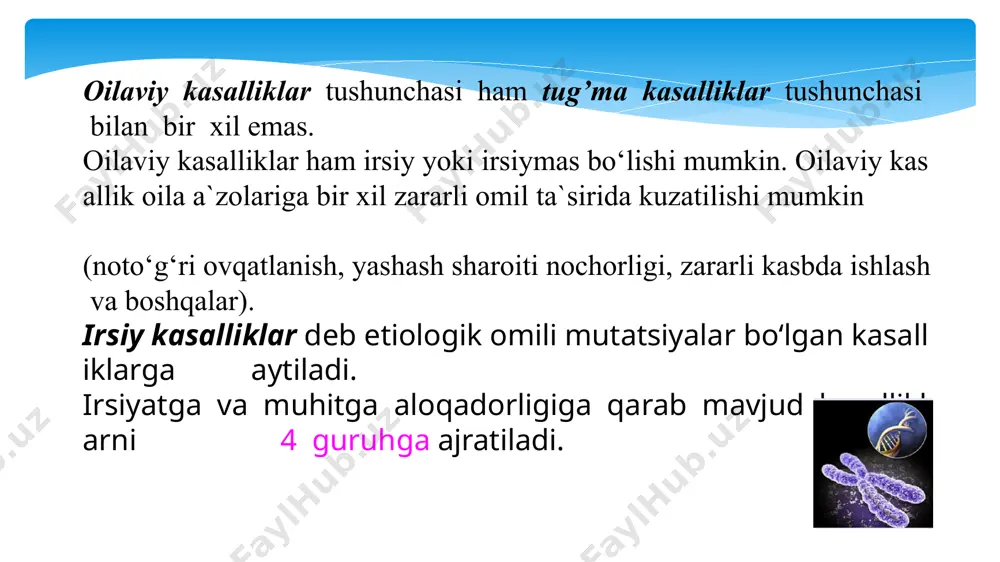 populyatsilarida ikki xil genetik yuk to‘planib boradi. birinchisi avloddan avlodga meros bo‘lib o‘tib to‘planib boradigan mutatsiyalar segregatsion yuk deyiladi. ikkinchisi esa avlod umri davomida yangidan hosil bo‘ladigan mutatsiyalar mutatsion yuk deyiladi. uzoq davom etuvchi evolyutsiya jarayonida mutatsiyalar va genotiplarning tanlanishi natijasida odamlar populyatsiyasida muvozanatlashgan polimorfizm shakllangan. bitta genning allellarining soni ikkitadan ortiq bo‘lgan holatlarni muvozanatlashgan polimorfizm deyiladi. bunga misol qilib abo qon guruhlari, rh, mukovistsidoz, fenilketonuriya genlarini keltirish mumkin. mutatsion yukning ta`siri letal samara bilan ifodalanadi. letal effekt gametalar, zigotalar, homilalar, pushtlar, bolalar o‘limi darajalarida namoyon bo‘ladi. zigotalarning 60% implantatsiyagacha nobud bo‘ladi. homiladorlikning 15 % spontan abortlar, 1% o‘lik tug‘ulishlar bilan tugallanadi. 1000 ta yangi tug‘ilgan chaqaloqlardan kamida 5 tasi irsiy patologiya sababli bir yoshga yetmasdan nobud bo‘ladi. irsiy kasalliklar reproduktiv funksiya kamayishiga, ijtimoiy dezadaptatsiyaga (nogironlik), tibbiy yordamga o‘ta muhtojlikka, o‘rtacha umrning kamayishiga sabab bo‘ladi. irsiy kasalliklar semiotikasi semiotika (yunoncha semeiotikon - belgi) kasalliklar va patologik holatlar belgilarni (simptomlarini) o‘rganadigan …