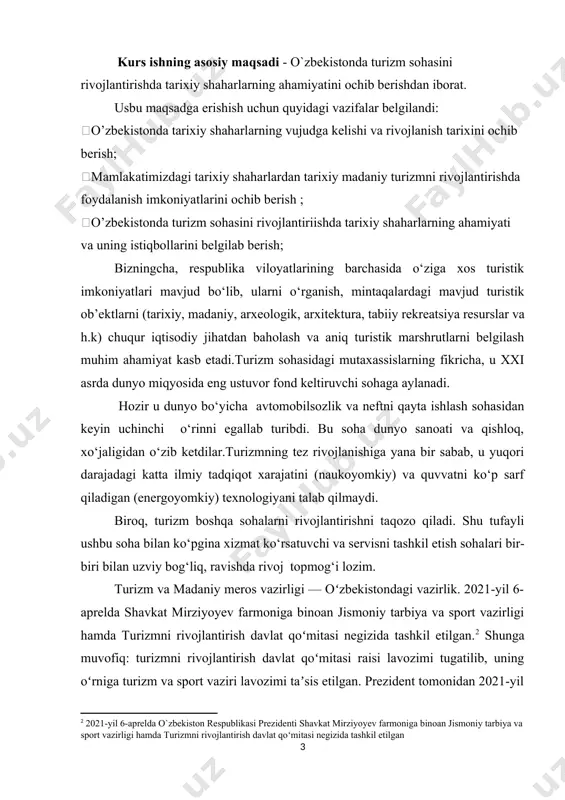 hbu soha bilan ko‘pgina xizmat ko‘rsatuvchi va servisni tashkil etish sohalari bir-biri bilan uzviy bog‘liq, ravishda rivoj topmog‘i lozim. turizm va madaniy meros vazirligi — oʻzbekistondagi vazirlik. 2021-yil 6-aprelda shavkat mirziyoyev farmoniga binoan jismoniy tarbiya va sport vazirligi hamda turizmni rivojlantirish davlat qoʻmitasi negizida tashkil etilgan.[footnoteref:2] shunga muvofiq: turizmni rivojlantirish davlat qoʻmitasi raisi lavozimi tugatilib, uning oʻrniga turizm va sport vaziri lavozimi taʼsis etilgan. prezident tomonidan 2021-yil 6-aprel kuni „turizm va sport vazirligi faoliyatini tashkil etish toʻgʻrisida“gi qaror qabul qilindi.[footnoteref:3] [2: 2021-yil 6-aprelda o`zbekiston respublikasi prezidenti shavkat mirziyoyev farmoniga binoan jismoniy tarbiya va sport vazirligi hamda turizmni rivojlantirish davlat qoʻmitasi negizida tashkil etilgan] [3: o`zbekiston respublikasi prezidenti shavkat mirziyoyev 2021-yil 6-aprel kuni „turizm va sport vazirligi faoliyatini tashkil etish toʻgʻrisida“gi qaror qabul qilindi] bugungi kunda mamlakatimizda etti mingdan ortiq tarixiy yodgorlik, shu jumladan, 2500 ta me’moriy obida, 2700 tadan ortiq monumental san’at asari davlat muhofazasiga olingan. 1991-yildan xivadagi ichanqal’a qo’riqxonasidagi, …