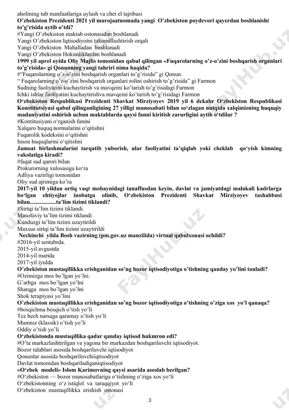 lar o’zbekiston respublikasini ijtimoiy-iqtisodiy rivojlantirish strategiyasi qachon qabul qilindi? #2017 yil 2016 yil 2018 yil 2020 yil ozbekiston respublikasida 2017 yil 7 fevral kuni qanday hujjat qabul qilindi? #o’zbekiston respublikasini ijtimoiy-iqtisodiy rivojlantirish strategiyasi o’zbekiston respublikasi madaniyatni qo’llab quvvatlash diniy masalalarni tartibga solish o’zbekiston respublikasini har tomonlama rivojlantirish konsepsiyasi o’z-o’zini boshqarish organlarini tashkil qilishda, shakllantirishda o’zbеkistonning o’ziga xos xususiyati nimada? #milliy qadriyatlarga sodiq qolishda. urf-odat vamilliy tarbiyagatayanish va chet el tajribasi tarixiy qadriyatlarni tiklashga va chet el tajribasi aholining tub manfaatlariga uylash va chet el tajribasi o’zbekiston prezidenti 2021 yil murojaatnomada yangi o’zbekiston poydevori qayerdan boshlanishi to’g’risida aytib o’tdi? #yangi o’zbekiston maktab ostonasidan boshlanadi yangi o’zbekiston iqtisodiyotni takomillashtirish orqali yangi o’zbekiston mahalladan boshlanadi yangi o’zbekiston hokimliklardan boshlanadi 1999 yil aprеl oyida oliy majlis tomonidan qabul qilingan «fuqarolarning o’z-o’zini boshqarish organlari to’g’risida» gi qonunning yangi tahriri nima haqida? #“fuqarolarning o’z-o’zini boshqarish organlari to’g’risida” gi qonun. “ fuqarolarning o’z-o’zini boshqarish organlari rolini oshirish …