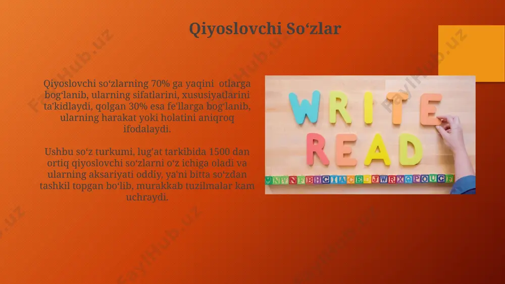 mayl kategoriyalari. mustaqil soʻz turkumlarining 12 tasidan 8 tasi (ot, sifat, son, olmosh, feʼl, ravish, yuklama, undov) oʻziga xos morfologik belgilarga ega boʻlib, ularning shaxs, son, kelishik kabi grammatik kategoriyalari mavjud. soʻz turkumlarining oʻzaro aloqasi olmoshlar, 3 ta asosiy turga boʻlinib, ot, sifat va sonlarning vazifasini bajarishi mumkin, shuning uchun ularning boshqa soʻz turkumlari bilan chambarchas bogʻliqligi kuzatiladi. soʻz turkumlarining oʻzaro bogʻliqligi 2 ga yaqin asosiy turdagi munosabatlar orqali namoyon boʻladi: birikma va boshqaruv, bunda 1-soʻz ikkinchisining shaklini belgilaydi. e'tiboringiz uchun rahmat @taqdimot_robot image3.png image4.jpg image5.jpg image6.jpg image7.jpg image8.jpg image9.jpg image10.jpg image11.jpg image12.jpg image13.jpg image14.jpg image15.jpg image16.jpg image17.jpg image18.jpg image19.jpg image20.jpg image1.png