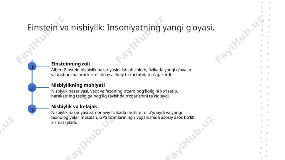 giya o'rtasidagi o'zaro bog'liqlikni tushunishga yordam beradi. 4 amaliy qo'llanilishi lorentz transformatsiyasi, zamonaviy texnologiyalarda, masalan gps tizimlarida, fazo-vaqt hisoblashlarida muhim ahamiyatga ega bo'lib, aniq navigatsiyani ta'minlaydi. fizikada fazo-vaqt tushunchalari: tarixiy rivojlanish va ahamiyati. 1 fazo-vaqt tushunchasi fazo-vaqt tushunchasi fizikada muhim rol o'ynaydi. ularni birlashtirib, hodisalar orasidagi munosabatlarni aniqlashga yordam beradi. 2 tarixiy rivojlanish fazo-vaqt tushunchalarining rivoji klassik mexanika davrida boshlandi. keyinchalik einstein nisbiylik nazariyasini ishlab chiqib, ularga yangi ma'no berdi. 3 fizikada ahamiyati fazo-vaqt tushunchalari zamonaviy fizikada asosiy konseptlar sifatida qabul qilinadi. ular ko'plab nazariyalar va eksperimentlarga asos bo'ladi. 4 amaliy qo'llanilishi fazo-vaqt tushunchalari zamonaviy texnologiyalarda, masalan, gps tizimlarida qo'llaniladi. bu, ular yordamida aniq vaqt va joylashuvni belgilash imkonini beradi. nisbiylik nazariyasida fazo-vaqt aloqalari: asosiy printsiplar. nisbiylik asoslari nisbiylik nazariyasining asosiy printsiplari, xususan, tezlik va vaqtning o'zaro bog'liqligini ko'rsatadi, bu esa fizik jarayonlarni yanada chuqurroq tushunishga yordam beradi. tezlik va vaqt tezlikning o'zgarishi vaqtni ham o'zgartiradi. harakat tezligi nur tezligiga …