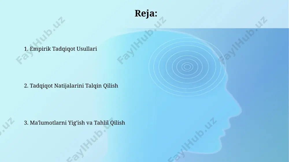 bo'yicha baholash) foydalanish javoblarni tahlil qilishni soddalashtiradi va katta hajmdagi ma'lumotlarni statistik usullar yordamida qayta ishlash imkonini beradi. hujjatlarni tahlil qilish таҳлил натижаларининг аниқлигини ошириш учун кам ҳисобланган 20% дан ортиқ ҳужжатлар қайта текширилади ва ноаниқликларни аниқлаштириш учун интерпретация қўлланилади. ҳужжатларнинг ҳажми 1000 дан ортиқ бўлса, маълумотлар базасини яратиш ва sql каби маълумотлар базасини бошқариш тизимларидан фойдаланиш самарали бўлади. intervyu usullari kvantitativ tadqiqotlarda tuzilgan savolnomalar orqali yig'ilgan ma'lumotlarni tahlil qilishda spss yoki stata kabi statistik dasturlar qo‘llaniladi va 95% ishonch oralig'i hisoblanadi. sifatli intervyular natijalarini tahlil qilishda tematik tahlil yoki grounded theory kabi usullar qo‘llanilib, kamida 5 ta asosiy tema aniqlanadi. e'tiboringiz uchun rahmat @taqdimot_robot image2.jpg image3.jpg image4.jpg image5.jpg image6.jpg image7.jpg image8.jpg image1.png