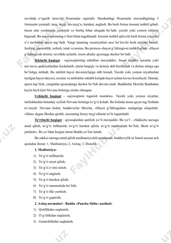 ‘ziga yangi izdoshlar orttiradi. budda 40 yil davomida o‘z ta`limotini hindistonning turli joylariga etkazadi va 80 yoshida kushtnagara degan joyda dunyodan o‘tdi. uning jasadi hind udumiga ko‘ra u erda kuydirilib, uning xoki 8 ta budda jamoalariga bo‘lib yuborildi va har bir jamoa uni dafn etgan joyida ibodatxona barpo etdi. buddaning hayoti haqida turli afsonalar ham to‘qilgan. bu afsonalarda aytilishicha, budda ko‘p yillar davomida er yuzidagi turli mavjudotlar qiyofasida qayta tug‘ilgan: 84 marta ruhoniy, 58 marta podshoh, 24 marta rohib, 13 marta savdogar, 18 marta maymun, 12 marta tovuq, 8 marta g‘oz, 6 marta fil shuningdek baliq, qurbaqa, kalamush, quyon kabi qiyofalarda qayta tug‘ilgan. jami 550 marta qayta tug‘ilgan. u doimo qaerda, qay qiyofada tug‘ilishini o‘ziga o‘zi belgilagan. so‘nggi marta uni xudolar insoniyatni to‘g‘ri yo‘lga boshlashi uchun inson qiyofasida yaratganlar. bu afsonalarning ba`zilariga ko‘ra er yuzida gautamaga qadar 6 ta budda o‘tgan. shuning uchun buddaviylikning ba`zi muqaddas joylarida 7 ta ibodatxona …