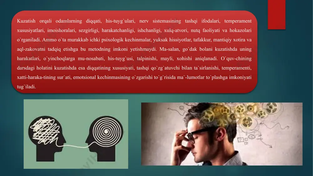 mdagi psixologik jarayonlar, holatlar, funksiyalar, vujudga kelayotgan yangi sifatlarni qayd qilish va o`lchashda qo`llanadi. ko`pincha detektor-lar, elektron va radio o`lchagichlar, sekundomer, refleksometr, xro-norefleksometr, lyuksmetr, anomatoskop, taxistoskop, audiometr, esteziometr, elektromnogramma, elektroensefalogramma kabilardan foydalaniladi. tekshirish yoki nazorat eksperimentida (tajribasida) tarkib top-tiruvchi (shakllantiruvchi) bosqichda shakllantirilgan usul, vosita, yo`l-yo`riq, ko`nikma, malaka va shaxs fazilatlarining darajasini, barqarorligini aniqlash, ta`sirchanligiga ishonch hosil qilish uchun mohiyati har xil mustaqil topshiriqlar beriladi. tekshirish (nazo-rat) tajribasi orqali tarkib toptiruvchi sinaluvchiga mutlaqo yordam berishi mumkin emas, aks holda tadqiqot o`tkazish prinsipi buzila-di. biografiya (tarjimai hol) metodi. inson psixikasini tadqiq etish uchun uning hayoti, faoliyati, ijodiyoti to`g`risidagi og`zaki va yozma ma`lumotlar muhim ahamiyatga ega. bu borada kishilarning tar-jimai holi, kundaligi, xatlari, esdaliklari, o`zgalar ijodiga ber-gan baholari, tanbehlari, taqrizlari alohida o`rin egallaydi. shu bilan birga o`zgalar tomonidan to`plangan garjimai hol haqidagi materiallar: esdaliklar, xatlar, rasmlar, tavsiflar, baholar, magnitafon ovozlari, fotolavhalar, hujjatli filmlar, taqrizlar o`rganilayotgan shaxsni to`laroq tasavvur etishga xizmat qiladi. tarjimai hol …