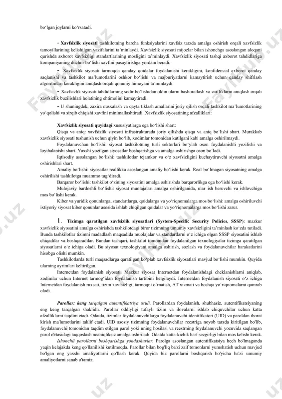 i xabarlar ketma-ketligini bir ma’noli identifikatsiyalash. bir ohangda o‘suvchi ketma-ketlikning bir martali qiymatini (masalan, seriya nomerlari yoki vaqt belgilari ketma-ketliga) yoki mos uzun-likdagi tasodifiy sonlarni tuzish orqali amalga oshiriladi. 3. ko’p faktorli autentifikatsiya. ko'p faktorli autentifikatsiya foydalanuvchi istalgan hisob yoki platformaga kirganda autentifikatsiyaning kamida ikkita omilidan foydalanadi. shaxsni o'g'irlash , firibgarlik va xususiy kompaniya yoki shaxsiy ma'lumotlarga ruxsatsiz kirishga qarshi muhim va hayotiy qurol bo'lib, u kirish jarayoniga ikkinchi yoki uchinchi (yoki undan ko'p) omil qo'shadi. birinchi omil odatda foydalanuvchi nomi va parol bo'lib, foydalanuvchi biladi va eslab qoladi. ikkinchisi biometrik ma'lumotlar, xavfsizlik savoli yoki kalit karta kabi turli omillar bo'lishi mumkin. kirish jarayonida ushbu qo'shimcha xavfsizlik qatlamini qo'shish xodimlar va mijozlar ma'lumotlari, shuningdek, nozik kompaniya ma'lumotlarining xavfsizligini ta'minlashga yordam beradi. axborot xavfsizligi siyosati (yoki xavfsizlik siyosati) – tashkilotning maqsadlari va vazifalari hamda xavfsizlikni ta’minlash sohasidagi tadbirlar tavsiflanadigan yuqori darajadagi reja. siyosat xavfsizlikni umumlashgan atamalarda tavsiflaydi. u xavfsizlikni ta’minlashning barcha …