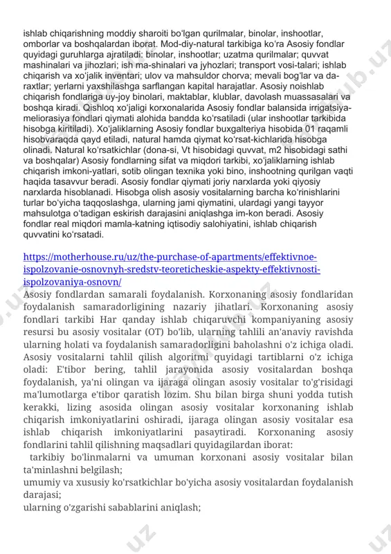na-uskuna va boshqalardan iborat. asosiy fondlarning qiymat ifodasi buxgalteriya balansida asosiy vositalar deb yurtiladi. asosiy fondlardatutgan oʻrniga qarab asosiy fondlar asosiy ishlab chiqarish va asosiy noishlab chiqarish fondlariga boʻlinadi. asosiy ishlab chiqarish fondlari ishlab chiqarish jarayonida mahsulotlar yaratishda qatnashadi. ular tarmoqlararo taqsimlanishi jihatidan sanoat, qurilish, transport, qishloq xoʻjaligi fondlaridan iborat boʻladi, texnologik jihatdan aktiv va passiv fondlarga boʻlinadi. aktiv fondlar mahsulot yaratishda bevosita qat-nashuvchi mehnat qurollaridan, passiv fondlar ishlab chiqarishning moddiy sharoiti boʻlgan qurilmalar, binolar, inshootlar, omborlar va boshqalardan iborat. mod-diy-natural tarkibiga koʻra asosiy fondlar quyidagi guruhlarga ajratiladi: binolar, inshootlar; uzatma qurilmalar; quvvat mashinalari va jihozlari; ish ma-shinalari va jyhozlari; transport vosi-talari; ishlab chiqarish va xoʻjalik inventari; ulov va mahsuldor chorva; mevali bogʻlar va da-raxtlar; yerlarni yaxshilashga sarflangan kapital harajatlar. asosiy noishlab chiqarish fondlariga uy-joy binolari, maktablar, klublar, davolash muassasalari va boshqa kiradi. qishloq xoʻjaligi korxonalarida asosiy fondlar balansida irrigatsiya-meliorasiya fondlari qiymati alohida bandda koʻrsatiladi (ular inshootlar tarkibida hisobga kiritiladi). …