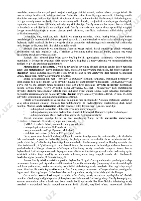 va hatto uning falsafasi to’g’risida so’z yuritish mutlaqo o’rinli bo’ladi va bunga biz kundalik hayotda tez-tez duch kelamiz. biroq ayni holda bizni fan sifatidagi, ayrim insonning emas, balki butun jamiyatning rivojlanish mahsuliga aylangan ijtimoiy hodisa sifatidagi falsafa qiziqtiradi va ayni shu sababli yuqorida keltirilgan ta’rifda «inson» tushunchasi yig’ma ma’noda qo’llanilgan. bu yerda shuni ta’kidlab o’tish lozimki, garchi falsafaning predmetiga biz umumiy nuqtai nazardan ancha keng ta’rif bergan bo’lsak-da, ayrim tarixiy davrlarda odatda u yoki bu sabablarga ko’ra muayyan masalalar doirasi falsafiy tadqiqotlarda birinchi o’ringa chiqadi. masalan, qadimgi yunonistonda kosmosentrizm ilk falsafiy ta’limotlarning o’ziga xos xususiyati bo’lib, bunda asosiy e’tibor «kosmos», «tabiat»ni anglab yetishga qaratilgan. keyinchalik, qadimgi yunon shahar-polislari ravnaq topgan davrda faylasuflar diqqat markazidan ijtimoiy muammolar, axloq, davlat qurilishi masalalari o’rin oldi. yevropada xristianlikning, sharqda islom dinining vujudga kelishi va mustahkamlanishi natijasida o’rta asrlar falsafasi teosentrik (yunon. thyeos – markazdan o’rin olgan xudo) xususiyat kasb etdi, ya’ni xudo va u …