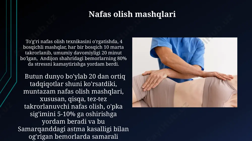 qo'l bilan davolash usuli qo'llaniladi va bemorlarning 90% i ijobiy natijalarni qayd etgan. rejalashtirish va reabilitatsiya ўзбекистондаги 10 та реабилитация клиникасида сувда даволаш методикаси 90% беморларда мусбат натижа берган. реабилитациядан кейинги 3 ойлик даврда тошкентдаги 50 бемордаги юриш фаолиятининг 70% тикланиши кузатилган. ortopediya kasalliklarini davolash toshkentdagi ortopediya klinikalarida 2023-yilda o'tkazilgan tadqiqotlar shuni ko'rsatdiki, fizyoterapiya jarayonlarining 70% dan ortig'i tizzaning osteoartriti bilan og'rigan bemorlarda og'riqni sezilarli darajada kamaytirdi. samarqand viloyatida joylashgan reabilitatsiya markazlarida bolalarda tug'ma oyoq-qo'l deformatsiyalarini davolashda fizyoterapiya bilan birga 5-10 ta mashqlar majmuasi samaradorligini oshirdi. sport jarohatlarini davolash sport jarohatlarini davolashda, masalan, tizza jarohatlari uchun, oʻzbekistondagi 30 dan ortiq reabilitatsiya markazlari 6 oylik davolash dasturlarini, shu jumladan, elektroterapiya va mexanoterapiya usullarini qoʻllaydi. toshkentdagi sport shifokorlari acl yirtilishini davolashda 90% muvaffaqiyat darajasiga erishish uchun artroskopik jarrohlik va keyingi 12 hafta davomida intensiv fizioterapiya reabilitatsiyasini tavsiya qiladilar. magnitoterapiya magnitoterapiya, osteoporoz bilan og'rigan 60 yoshdan oshgan bemorlarning 70 foizida suyak zichligini oshirishda …
