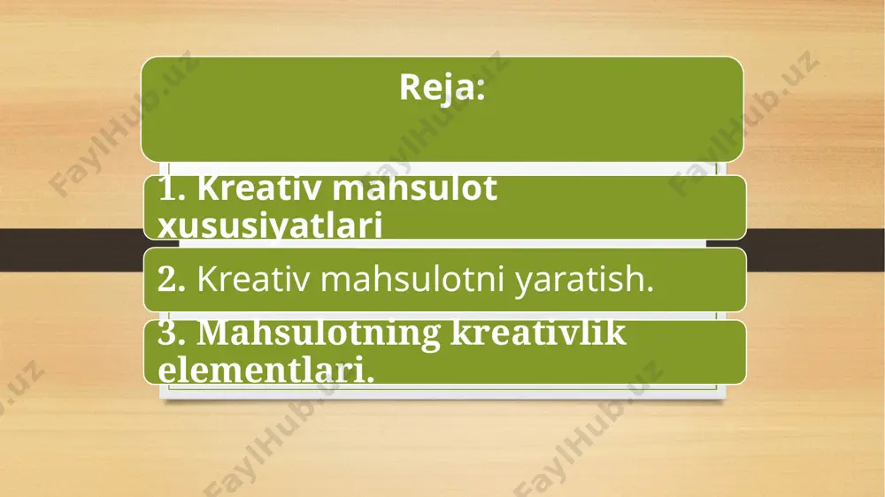 hib oladilar. reklama va marketing kommunikatsiyalari sohasida mahsulotning tarkibiy qismi reklama va marketing agentliklarida umumiy va o’ziga xos ijodiy faoliyat natijalarini aks ettiradi. shuning uchun butun ijodkor (agentlik xodimi), ijodiy joy (agentlik muhiti), qo’llaniladigan ijodiy jarayonlar, shuningdek reklama (reklama kompaniyalari) ning ijodiy mahsuloti o’rtasidagi munosabatlar kitob davomida alohida e’tiborga loyiqdir. 6.2-rasm. kreativ shaxs xislatlari 1. intellektual (aqliy); 2. ahloqiy (o`z-o`zini boshqarish); 3. motevatsion (maqsadiy); emotsianal (his hayajonli). kretiv layoqat quyudagi o`zaro bir-biriga bog‘liq bo`lgan qismlardan iborat bo`ladi: 1. kreativlik maqsad; 2. ijodiy intilish; 3. kreativ (ustanovka) qurish, 4. kreativ yo`nalish; 5. kreativ ifodali akt; 6. kreativ o`z-o`zini boshqarish; 7. kreativ faollik; 8. kreativ intilishlar darajasi. ilmiy adabiyotlarni tahlil qilish quyidagi o`zaro bir-biriga bog‘liq kreativlik 9 tarkibiy komponentlarini ajratsh imkoni beradi: 10 ijodkor shaxs - bu ijodiy o'zini o'zi anglashga intilayotgan shaxs. yangilik yaratadigan odam ijodiy yondashuv - ijodkor bo'lish nimadir haqida ijodiy munosabatda bo'lishni anglatadi ijodiy marketing - bu o'z …