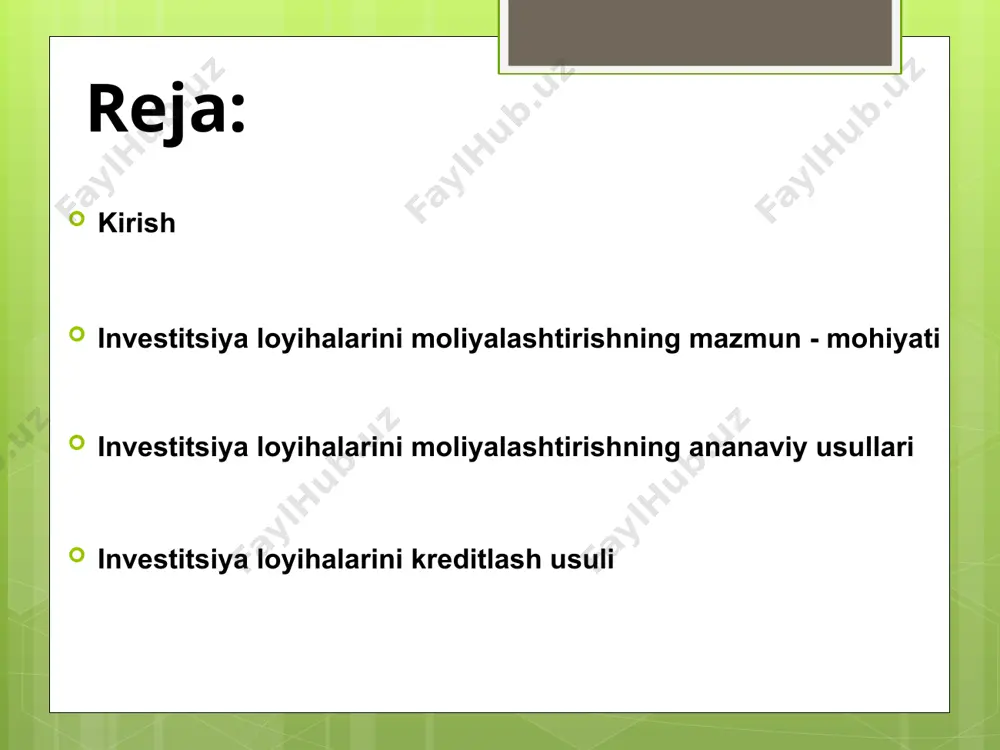 miqyosida jamg‘armalar hajmi investitsiyalar hajmidan ortsa, unda jamg‘armalarning investitsiyalardan ortgan qismi mamlakat tashqarisiga chiqib ketishi mumkin, ya`ni sof capital chiqimi 0 dan katta bo`ladi. agar jamg‘armalar va investitsiyalar orasida tenglik yuz bersa, sof kapital chiqimi 0 ga teng bo`ladi. agar investitsiyalar hajmi jamg‘armalar hajmidan ortiq bo‘lsa, unda kapitalning sof chiqimi 0 dan kichik bo`ladi, bu mamlakatda kapital yetishmovchiligi yuz berayotganini bildiradi. 2000-2016-yillarda jamg‘arma va investitsiyalarning yalpi ichki mahsulotdagi ulushi, (% da). analysing 1. o‘zbekistonda jamg‘armalar hajmi yildan-yilga o‘sib boryapti, bu iqtisodiyotda makroiqtisodiy barqarorlikni ta`minlashda muhim omil hisoblanadi. 2. o‘zbekistonda jamg‘armalar va investitsiyalar o`rtasidagi muvozanat ijobiy holatda, demak ushbu muvozanat ham muhim makroriqtisodiy muvozanatlardan biri ya'ni investitsiyalar iqtisodiy rivojianishning asosiy omiliga aylanadi va davlatning iqtisodiy siyosatida bu masaiaga alohida e'tibor berilishi kerak moliyalashtirish usullari investitsiya loyihalarini moliyalashtirish manbalari investitsiya loyihasini moliyalashtirish usullari manba : nosirov e.i., dusmuhamedova m.d. toshkent moliya instituti asosiy kapitalga o‘zlashtirilgan jami investitsiyalar hajmi(mlrd. so‘m) investitsiya faoliyatini investorlar, …