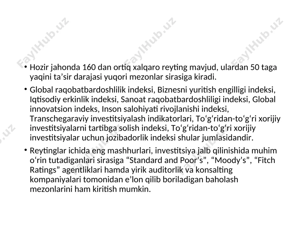 katlar top-10 taligiga kirdi. transparency international xalqaro tashkilotining 2021 yil uchun korrupsiyani qabul qilish indeksida o‘zbekiston o‘z o‘rnini 6 pog‘ona yaxshilab, 180 ta davlat ichida 140-o‘rinni egalladi. mamlakatimiz o‘z tarixida birinchi marta bmtning inson huquqlari bo‘yicha kengashiga a’zo etib saylandi. yaqinda aqsh davlat departamenti tomonidan o‘zbekiston diniy erkinlik sohasidagi “maxsus kuzatuvdagi davlatlar” ro‘yxatidan chiqarilgani keng ko‘lamli demokratik islohotlarimizning e’tirofi bo‘lgan bo‘lsa, faol iqtisodiy islohotlarimiz natijasida yaqinda bmt ning sanoatni rivojlantirish tashkiloti (yunido) ning “raqobatbardosh sanoat unumdorligi indeksi” bo‘yicha hisobotida mamlakatimiz ilk marotaba aks etti va 152 ta davlat orasida 92-o‘rinni, mdh ga a’zo davlatlar orasida 5-o‘rinni, markaziy osiyo mamlakatlari orasida esa 2-o‘rinni egalladi. xususan, iqtisodiyotda davlatning rolini kamaytirish, makroiqtisodiy barqarorlikni ta’minlashga qaratilgan bosqichma-bosqich islohotlar 2020-yilda jahon bankining “biznes yuritish” indeksida 76-o‘rindan 69-o‘ringa ko‘tarilishimizga, “transparency international”ning korrupsiyani qabul qilish hamda “world justice project”ning qonun ustuvorligi indekslarida yurtimizning o‘rni yaxshilanishiga olib keldi. «o‘zbekiston uchun ustuvor reyting hisoblanmagan, bmt xalqaro elektr aloqasi ittifoqining …