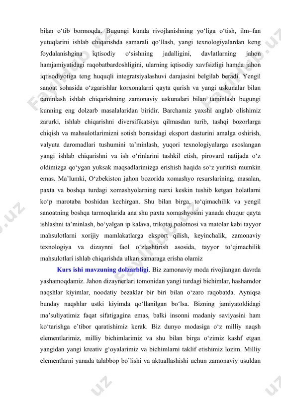 an biri bo‘lgan shimlar nafaqat qulaylik, balki jamiyatdagi o‘rni va ijtimoiy mavqega ham ta’sir qiladi. shuning uchun ushbu mavzu dolzarbdir. kurs ishining maqsadi: klassik uslubdagi erkaklar shimlarini o‘rganish, ularning tarixiy rivojlanishi, dizayn xususiyatlari va zamonaviy modadagi o‘rni haqida tahlil qilishdir. kurs ishining vazifalari: klassik uslubdagi erkaklar shimlarining tarixiy rivojlanish jarayonini o‘rganish. klassik uslubdagi shimlarning asosiy xususiyatlari va dizayniga tahlil qilish. zamonaviy erkaklar shimlari bilan klassik uslubning farqlarini aniqlash. klassik uslubdagi shimlarning bugungi kundagi ahamiyatini aniqlash. i.bob. bel kiyimlariga ishlov berish texnologik jarayoni 1.1. erkaklar shimi assortimentiga oid umumiy ma’lumotlar erkaklar shimi kostyumning bir buyumi bo‘lib, pidjak, nimcha bilan yoki alohida o‘zi loyihalanishi mumkin. shim kostyum tarkibiga kirishi yoki mustaqil kiyim turi sifatida ham ishlatilishi mumkin. kostyum tarkibiga kiruvchi shimlar albatta pidjakka mos bo‘lishi kerak. yakka shim esa pidjakka mos bo‘lib, komplekdagi shim konstruksiyasini qaytarishi yoki boshqa pidjaklarga mos bo‘lishi kerak. shim silueti, shakli va uzunligi moda yo‘nalishiga bog‘liq. shim butun …
