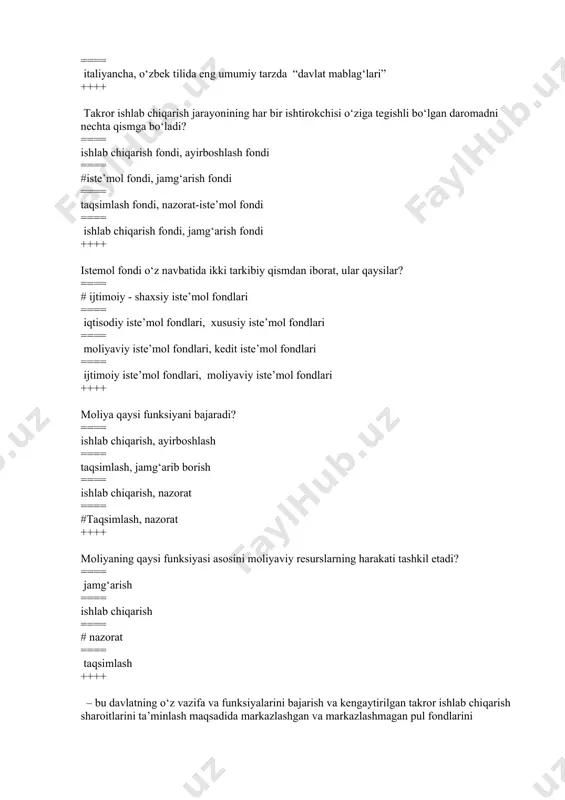 aradi? ==== ishlab chiqarish, ayirboshlash ==== taqsimlash, jamg‘arib borish ==== ishlab chiqarish, nazorat ==== #taqsimlash, nazorat ++++ moliyaning qaysi funksiyasi asosini moliyaviy resurslarning harakati tashkil etadi? ==== jamg‘arish ==== ishlab chiqarish ==== # nazorat ==== taqsimlash ++++ – bu davlatning o‘z vazifa va funksiyalarini bajarish va kengaytirilgan takror ishlab chiqarish sharoitlarini ta’minlash maqsadida markazlashgan va markazlashmagan pul fondlarini shakllantirish jarayonida yuzaga keladigan, davlat tomonidan tashkil qilinadigan pul munosabatlari yig‘indisidir. ==== moliyaviy kredit ==== # moliya ==== moliya va kredit ==== soliq siyosati ++++ respublikamiz iqtisodiyotining barqaror rivojlanib borayotgani …. yildan boshlab davlat byudjeti profitsit bilan bajarilmoqda. ==== # 2005 ==== 2007 ==== 2006 ==== 2002 ++++ umumiy byudjet xarajatlarining o‘sishini hisobga olganda 1995-2017 yillarda davlat byudjetidan iqtisodiyot va investitsiyalarni moliyalashtirishga yo‘naltirilgan yalpi xarajatlar solishtirma narxlarda.........foizdan ko‘proq oshganligi ta’kidlab o’tilgan. ==== 60 ==== #50 ==== 55 ==== 40 ++++ quyidagilardan qaysi biri moliyaning xarakterli belgilaridan hisoblanadi? ==== islohotlarning bosh tashkilotchisi bo’lmish …
