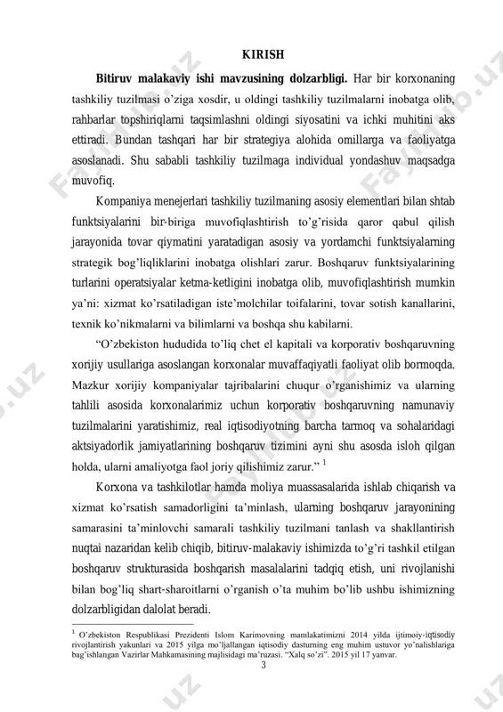 imlarning tashkiliy strukturani samarali ishlashi uchun amalga oshiradigan vazifalari , ularni rivojlantirish taraqqiyotini tahlil qilish; - oatb “savdogarbank” ning boshqaruvining tashkiliy-tarkibiy tuzilishi va ularning funksional vazifalarini yoritib berish va tahlil qilish; - oatb “savdogarbank” ning ijtimoiy-iqtisodiy rivojlanishi tahlilini amalga oshirish; - korxona-tashkilotlarda boshqaruv tuzilmasini oqilona tashkil etishning asosiy yo‟nalishlarini asoslash; - korxonalarda rahbar faoliyati samaradorligini oshirish usullarini o‟rganish. bmi ning ob'yekti sifatida, oatb “savdogarbank” faoliyati tanlandi. bmi ning predmeti sifatida bozor iqtisodiyoti sharoitida boshqaruv strukturalari faoliyati, ularning afzalliklari va kamchiliklari, ulardan samarali foydalanish tizimida rahbar va menejer mehnatini tashkil etish, vazifalarni taqsimlash jarayoni, bunda yuzaga keluvchi muammolar va ularni hal qilish jarayonlari tanlandi. 5 bmi mavzuning nazariy-amaliy ahamiyati xorijlik olimlarning izlanishlarida atroflicha o‟rganilgan. jumladan, f.kotler, m.porter, r. laykert, g.emersson, m.meskon, m.albert, p.zander, k.ardjiris, p.litvin, g.stringer, p.terner, a.pettigru, t.peters, r.vaterman, t.dil, l.smirsich, dj. martin, j.kotter, j.xesket, l.kammingslar tomonidan o‟zbekistonlik olimladan esa, m.sharifxo‟jayev, yo.abdullayev, n.rasulov, s.gulyamov, n.sadikov, d.rahimova, q.abdurahmonov, j.aliyev, sh.zaynutdinov, r.fatxutdinov, …