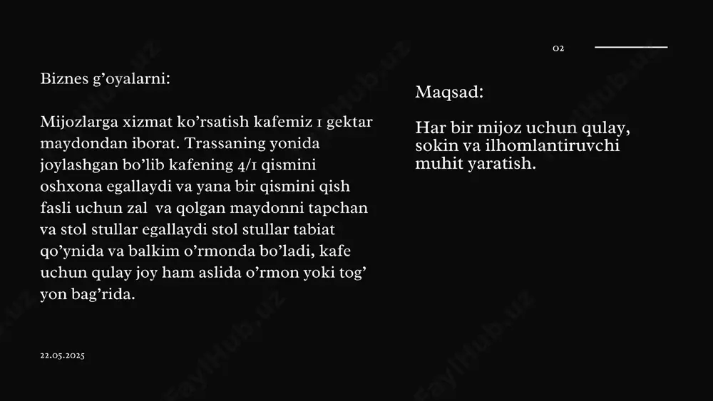 chi mahsulot zaxirasi: 10 mln so‘m • reklama va marketing: 5 mln so‘m • litsenziya va hujjatlar: 2 mln so‘m • boshqa xarajatlar (kredit/ijara, yoritish, internet): 3 mln so‘m jami: 90 mln so‘m moliyaviy reja: oylik asosiy xarajatlar: • ish haqi (4-5 xodim): 20–25 mln so‘m • mahsulotlar xaridi: 10–15 mln so‘m • ijara (agar kerak bo‘lsa): 5– 8 mln so‘m • kommunal xizmatlar: 1–2 mln so‘m • reklama va boshqa chiqimlar: 2 mln so‘m o‘rtacha: 40–50 mln so‘m kutilayotgan daromad (oylik): • kundalik o‘rtacha tushum: 1 mln so‘m • oylik tushum (30 kun): 30 mln so‘m (minimal holatda) • rivojlangan holatda: 50–60 mln so‘m qoplash muddati: – 6–12 oy 22.05.2025 xavf va qarshi choralar 1. mijozlar kam bo‘lishi – reklama, chegirmalar va ijtimoiy tarmoq orqali mijozlarni jalb qilish. 2. mahsulot sifati tushib ketishi – xodimlarni o‘qitish va doimiy sifat nazoratini yuritish. 08 5. xodimlarning tez-tez almashtirilishi – yaxshi ish …