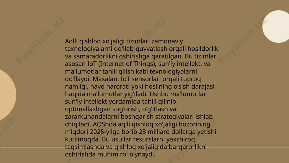 soblanadi. bu usullarda 70% gacha suv tejash va hosildorlikni 30% ga oshirish mumkin. noan'anaviy usullar orqali ekologik va iqtisodiy barqarorlikka erishish mumkin. dehqonchilikda resurs inovatsion texnologiyalar muhtorova gulsanamxon e'tiboringiz uchun raxmat! image1.png image2.png image3.png image4.jpeg image5.png image6.jpeg image7.jpeg