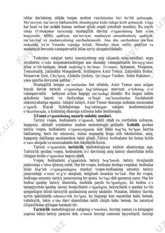 ti darajasiga ko‘tarildi. 2000 – 2017 yillarni qamrab olgan uchinchi bosqichda mamlakatda faol demokratik yangilanish va modernizatsiyalash jarayonlari kuzatildi. ushbu bosqichning asosiy vazifasi qilib, o‘tish davrining ob’ektiv ehtiyoji hamda milliy davlatchilik asoslarini mustahkamlashga qaratilgan kuchli davlatdan – kuchli fuqarolik jamiyatiga boqichma-bosqich o‘tish vazifasi qo‘yildi. natijada, mamlakatning siyosiy va iqtisodiy hayotida demokratlashtirish va liberallashtirish jarayonlari chuqurlashdi, inson haq-huquqlari va erkinliklarini himoya qiluvchi mustaqil sud tizimi mustahkamlandi, fuqarolik jamiyati asoslari rivojlandi, fuqarolarning iqtisodiy va siyosiy faolligi ortib bordi. 2017 yildan boshlab yangi, to‘rtinchi bosqichga qadam qo‘ydik. ushbu bosqich demokratik islohotlar va mamlakatni modernizatsiyalash jarayonini yanada chuqurlashtirish bosqichi hisoblanadi. o‘zbekistonda olib borilayotgan islohotlar samarasini yanada oshirish, davlat va jamiyatning har tomonlama va jadal rivojlanishi uchun shart-sharoitlar yaratish, mamlakatimizni modernizatsiya qilish hamda hayotning barcha sohalarini liberallashtirish bo‘yicha ustuvor yo‘nalishlarni amalga oshirish maqsadida o‘zbekiston respublikasi prezidenti sh.mirziyoev tomonidan olib borilayotgan izchil islohotlar, qabul qilingan xarakatlar strategiyasi va boshqa davlat dasturlarini amalga oshirish borasida olib borilayotgan …
