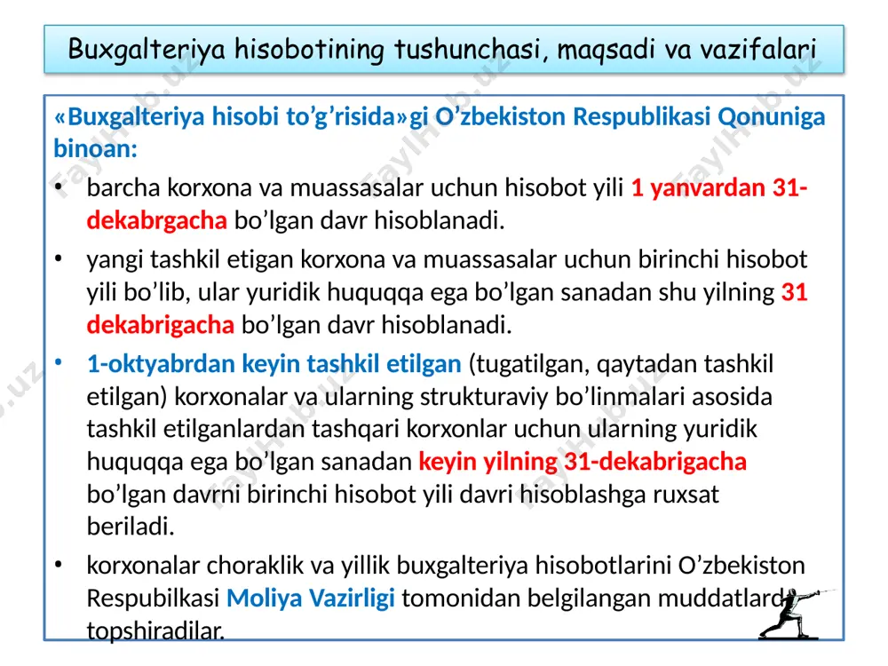 foydalanishdan kelajakda iqtisodiy naf olinishi kutiladigan resurslardir. majburiyatlar – bu avvalgi davrlarda sodir etilgan hodisalar natijasida paydo bo’lgan korxonaning joriy qarzi, ushbu qarzlar qaytarilishi natijasida korxonaning iqtisodiy nafni o’z ichiga olgan resurslarni kamayishiga olib keladi. xususiy kapital – bu barcha majburiyatlarni ayrgandan keyin korxonaning aktivlardagi bo’lgan ulushi. foyda - bu xo’jalik sub’ektiga ta’sir etadigan asosiy va asosiy bo’lmagan faoliyat, hodisalar sharoitlar natijasida kapitalning ko’payishi zararlar – bu asosiy faoliyat va barcha xo’jalik muomalalari, hodisalar, sharoitlar natijasida xususiy kapitalning kamayishi foyda faoliyat natijalarini o’lchashda yoki boshqa ko’rsatkichlarni, ya’ni investitsiyani olib kelgan foydasi, bir aktsiyaga to’g’ri keladigan foyda kabilarni asosi sifatida foydalanadi. foydani o’lchash bilan bevosita bog’liq elementlar – bu daromadlar va xarajatlardir. daromadlar – bu aktivlarni kelib tushishi yoki ko’payishi yoxud majburiyatlarni kamayishi shaklida vujudga keladigan va pirovard natijasida xususiy kapitalni oshiradigan iqtisodiy naflarni ko’payishi, ammo aktsiyador kapitalga ta’sischilar tomonidan to’lanadigan badallar bundan mustasnodir. xarajatlar - bu aktivlarni sarflanishi yoki yemirilishi …