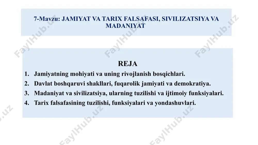 iyosiy tuzumdan boshqa bir ijtimoiy-siyosiy tuzumga o`tish davrida keskinlashishi mumkin jamiyat barqarorligining izdan chiqishi quyidagilarda o`z ifodasini topadi kishilar psixologiyasidagi salbiy o`zgarishlarda qonunlarning ishlamasligida ijtimoiy burchning ado etilmasligida ijtimoiy ideallarning yo`qolishida g`oya va mafkuraga loqaydlikning kuchayishida turli jinoiy guruhlarning paydo bo`lishida ijtimoiy adolat mezonlarining buzilishida jamiyat hayoti sohalari iqtisodiy soha ijtimoiy soha siyosiy soha maʼnaviy soha jamiyatning moddiy hayoti kishilarning yashashi, shaxs sifatida kamol topishi uchun zarur bo`lgan iqtisodiy shart-sharoitlar oziq-ovqat, kiyim-kechak, turar-joy, yoqilg`i, kommunikatsiya vositalari moddiy ne`matlar ishlab chiqarish, taqsimlash, ayirboshlash va iste`mol qilish ishlab chiqarish jarayonida kishilar o`rtasida amal qiladigan iqtisodiy munosabatlar majmui moddiy boyliklar, tabiiy zaxiralar jamiyatning ma`naviy hayoti nazariyalar ta`limotlar g`oyalar mafkura ijtimoiy ong shakllari ta`lim-tarbiya axborot vositalari madaniyat ilm-fan muassasalari jamiyatning ko‘rinishlari an’anaviy jamiyat an’anaviy jamiyatda yerga bo‘lgan mulkchilik asosiy o‘rinni egallaydi. boylik tashqi manbalar asosiga qurilib, tabiat manbaalarini egallash, o‘zlashtirish kuchayadi. industrial jamiyat industrial jamiyatda mulkning barcha ko‘rinishlariga bo‘lgan munosabat shakllanadi. yirik mashina ishlab …