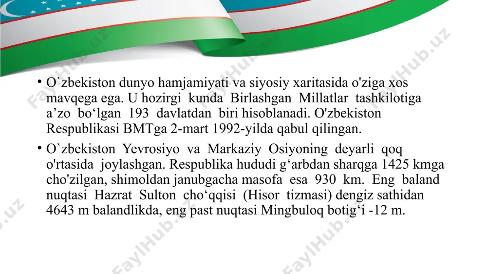 tanlash va amalga oshirishda katta ahamiyatga ega... o'zbekiston bugungi kunda qo'shni davlatlar qozog'iston, qirg‘iziston, tojikiston, turkmaniston va afg'oniston o'rtasida bog'lovchi halqa vazifasini o‘taydi. bulaming barchasi respublikaning jahon iqtisodiyotiga integratsiyalashuvi, chet el investitsiyalarini jalb qilish, o'zbekistonni davlatlar o'rtasida o'zaro foydali hamkorlikning, tovarlar va kapital tranzitining o'zida xos mintaqaviy markaziga aylantiradi». o'zbekistonning bunday qulay iqtisodiy-ijtimoiy imkoniyatlari har bir qo'shnilari tomonidan aholisi zich joylashgan tutash (kontakt) hududlarda (farg‘ona vodiysi, zarafshon, quyi amudaryo mintaqalari, surxondaryo viloyati) hozirgi davrda ko'plab turli ixlisosdagi respublikalararo hududiy ishlab ehiqarish majmualari, qo'shma korxonalardan tortib erkin iqtisodiy hudularni tashkil qilishgacha keng imkoniyatlar beradi. markaziy osiyo mintaqasida mavjud bo'lgan transchegaraviy daryolar va yo'llar muammolari hal etilishi respublika mikrogeografik o‘rnining yanada qulaylashuviga olib keladi. mezo igo‘ yaqin atrofida joylashgan davlatlar (rossiya federatsiyasi, afg'oniston, eron, kavkaz respublikalarijga nisbatan o'zbekistonning mezoiqtisodiy geografik o'rni (yaqin mintaqalarga nisbatan tutgan o‘rni) o'rtacha qulayliklarga egaligi bilan tavsillanadi. mezo igo‘ni bunday baholanishining sababi shundaki, o`zbekiston bir tomondan, kavkaz respublikalari, …