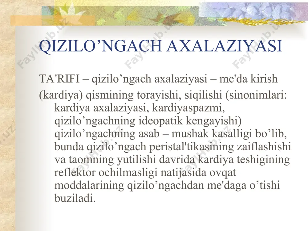 unda qizilo’ngach sfinkterining ochilishi va me'daga ovqat o’tishi buziladi. kasallik xar ikkala jinsda ham bir hilda, ko’pincha nevrotik yoki isterik reaksiyalari bo’ladigan yosh va o’rta (20-40) yoshlardagi juvonlarda uchraydi. 1. etiologiyasi va patogenezi. (1) asab-ruxiy xolatning shikastlanishi (2) asab-distrofik buzilishlar (3) adashgan nervning surunkali ta'sirlanishi natijasida faoliyatining buzilishi (4) infeksion-toksik omillar ta'sirida qizilo’ngach nerv o’ramalarining va silliq mushaklarining zararlanishi. ezofagospazmlar birlamchi va ikkilamchi bo’ladi (a) birlamchi ezofagospazm-bosh miya qobig’i tomonidan qizilo’ngach faoliyatining boshqarib turishning buzilishi natijasida sodir bo’ladi. (b) ikkilamchi (reflektor va simptomatik) ezofagospazm gijjalar, me'da yaralari va o’t pufagi tosh kasalliklari oqibatida keladi. 2. klinik ko’rinishi 3 turli belgi bilan ifodalanadi: (1) ovqat yutilgandan so’ng to’sh orqasida og’riq. (2) disfagiya - xanjarsimon o’simta soxasida yutilgan ovqatning tutilishi. (3) regurgitatsiya - yutilgan ovqatning bir qismini qaytarib chiqarish, vaqti-vaqti bilan qusishga o’tishi. (4) rentgen belgisi ezofagitlar – qizilo’ngach shilliq qavatining o’tkir yoki surunkali yallig’lanishidir. a. o’tkir ezofogit. 1. etiologiyasi. b. ezofagitlar …