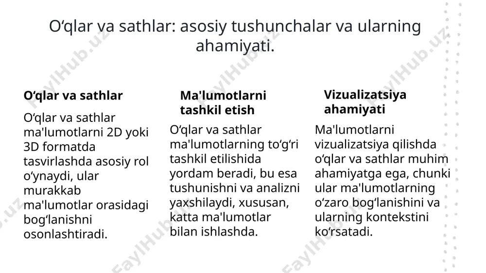 sh, foydalanuvchilarga kompleks ma'lumotlarni yaxshiroq anglash imkonini beradi. mustaqil ko‘rinishlar: asosiy tushunchalar va ahamiyati. mustaqil ko‘rinishlar: ta'rifi ahamiyati misollar mustaqil ko‘rinishlar, o'zaro bog‘liq bo'lmagan ma'lumotlar to'plami sifatida, individual o'zgaruvchilarni yoki parametrlarni ko'rsatish uchun ishlatiladi. mustaqil ko‘rinishlar, ma'lumotlarni to‘g‘ri va aniq ifodalash uchun muhimdir. ular o'quvchilarga har bir elementni alohida ko'rish imkonini beradi. grafiklar, diagrammalar va boshqa vizualizatsiyalar mustaqil ko‘rinishlar sifatida ishlatilishi mumkin. ular ma'lumotlar o'rtasidagi aloqalarni ko'rsatmaydi, balki ularni ajratadi. bog‘liq ko‘rinishlar: ta'rifi va yaratish usullari. 1 bog‘liq ko‘rinishlar ta'rifi bog‘liq ko‘rinishlar, ma'lumotlar o'rtasidagi o'zaro bog'liqliklarni ko'rsatish uchun yaratiladigan vizual ko'rinishlardir. ular muhim munosabatlarni ifodalaydi. 2 yaratish usullari bog‘liq ko‘rinishlar yaratish uchun, avvalo ma'lumot to'plamlari o'rtasidagi munosabatlarni tahlil qilish lozim. keyin grafikalar orqali ifodalash amalga oshiriladi. 3 misollar va amaliyot bog‘liq ko‘rinishlar misollari sifatida diagrammalar, grafiklar va interaktiv vizualizatsiyalar keltirilishi mumkin. bu usullar ma'lumotlarni yanada tushunarli qiladi. mustaqil va bog‘liq ko‘rinishlar o‘rtasidagi farqlar. mustaqil ko‘rinishlar mustaqil ko‘rinishlar, ma'lumotlarni alohida taqdim …