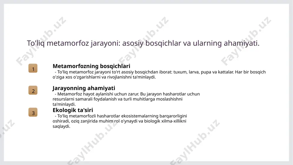eral qayta ishlashda ishtirok etadilar. 2 biodiversitetni saqlash - ushbu hasharotlar biologik xilma-xillikni oshirishga yordam beradi, turli muhitlarda turli xil turlarni qo'llab-quvvatlaydi va ekologik barqarorlikni ta'minlaydi. 3 oziq-ovqat zanjiri - to'liq metamorfozli hasharotlar oziq-ovqat zanjirida muhim o'rin tutadi; ular yirtqichlar va o'simliklar uchun asosiy oziq manbai bo'lib xizmat qiladi. hasherotlarning xilma-xilligi: ekologik barqarorlik uchun ahamiyati. 1 xilma-xillik ahamiyati hasherotlarning xilma-xilligi, ekosistemadagi o'zaro bog'liqlik va balansi ta'minlaydi, bu esa ekologik barqarorlikni mustahkamlashda muhimdir. 2 ekosistemadagi roli to'liq metamorfozli hasharotlar, polinator sifatida o'simliklarning mahsuldorligini oshirib, ovqat zanjirida muhim o'rin tutadi va bioxilma-xillikni qo'llab-quvvatlaydi. 3 tabiiy muvozanat hasherotlar tabiatdagi parazitlar va kasalliklarni nazorat qilishda yordam beradi, bu esa ekosistemadagi tabiiy muvozanatni saqlashga xizmat qiladi. 4 biologik xilma-xillik har xil hasherotlar biologik xilma-xillikni oshirib, turli xil muhitlarga moslashishga yordam beradi, bu esa ekologik barqarorlikka hissa qo'shadi. to'liq metamorfoz jarayonining ekologik ta'siri va biologik xilma-xillik. ekologik ta'sir biologik xilma-xillik ekosistemadagi roli to'liq metamorfoz jarayoni hasharotlarning …