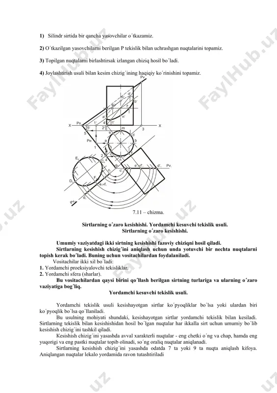 ’tib, konus sirti uchun yarim aylanalar – konus parallellarini, prizma sirti uchun to’g’ri chiziqlarni – prizma yasovchilarini hosil qiladi. o’z navbatida konus parallellari prizma yasovchilari bilan uchrashib, har ikki sirtlarning kesishish chiziqlariga tegishli bo’lgan nuqtalarni beradi. hosil bo’lgan nuqtalarni tutashtirib, 1,7,6,5 ellips, 1,2,3,4 parabola, 4,5 aylana bo’laklarni hosil qilamiz. misol: yarim sfera bilan silindrning kesishish chizigi proeksiyalari aniqlansin (7.13 - chizma). 7.13 – chizma. silindr sirtining yasovchilari gorizontal proeksiyalar tekisligiga proeksiyalovchi vaziyatda bo’lgani uchun, ma’lum yasovchilarining yarim sfera bilan kesishish chizig’ining gorizontal proeksiyasi silindr asoslari bilan ustma-ust tushadi (1-2-3-4-5-6-7-8-9- chiziqlar) yarim sfera bilan silindr sirtlarining kesishish chizig’i frontal proeksiyasini aniqlash uchun yordamchi frontal q, r, p… tekisliklardan foydalanamiz. yordamchi frontal tekisliklar silindr sirtini yasovchilari – to’g’ri chiziqlar, yarim sfera sirtini yarim aylanalar bo’ylab kesib o’tadi. natijada sfera sirtidagi yarim aylanalar, silindr sirtidagi yasovchilar – to’g’ri chiziqlar bilan uchrashib, har ikki sirtlarning kesishish chizig’iga tegishli bo’lgan nuqtalarning frontal proeksiyalarini beradi. hosil …