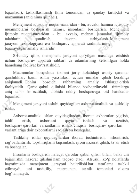 zim. ishlab chiqarish samaradorligining oxirgi natijani foydalanilgan xajmi yoki harajat resurslariga (ishlab chiqarish natijasi (samara) va harajatlar o’rtasidagi farq) munosabati deb tushuniladi. bu tushuncha ishlab chiqarishni rivojlanish jarayoni harakatiga baho beradi va uning sifat o’zgarishlarini yoritadi. boshqaruv samaradorligining shunday ko’p qirraliligi, uni ifodalash uchun ko’p shaklli tushunchalarni namoyon qiladi. quyida hohlagan darajadagi boshqaruv tizimi asosiga kirgan samaradorlikning muhim tushunchalari keltirildi: - boshqaruv xodimlari mehneti samaradorligi; - boshqaruv apparatining boshqaruv faoliyati yoki uning alohida bo’limlari va tarmoqlari samaradorligi; - boshqaruv jarayonining samaradorligi (aniq boshqaruv qarorlarini ishlab chiqish va amalgam oshirish); - boshqaruv tizimlarining samaradorligi (boshqaruv tabaqasi, ishlab chiqarish boshqarishda mehnatchilarning ishtiroklarini hisobga olgan holda); - boshqaruv mehanizmining samaradorligi(uslublar, dastaklar, rag’batlar va rejali boshqaruv shakllari). 3. menejment funksiyasi klassifikatsiyasi va tushunchasi menejment jarayoni mazmuni uning funksiyalarida ko‘rinadi. menejment funksiyasi deyilganda boshqaruvga doir ma’lum masalalarni echishga yo‘naltirilgan bir turli ishlar yig‘indisi tushuniladi. boshqaruv organlari va ijrochilar ma’suliyatli boshqarish funksiyasini belgilaydi. bu vazifalar funksional …