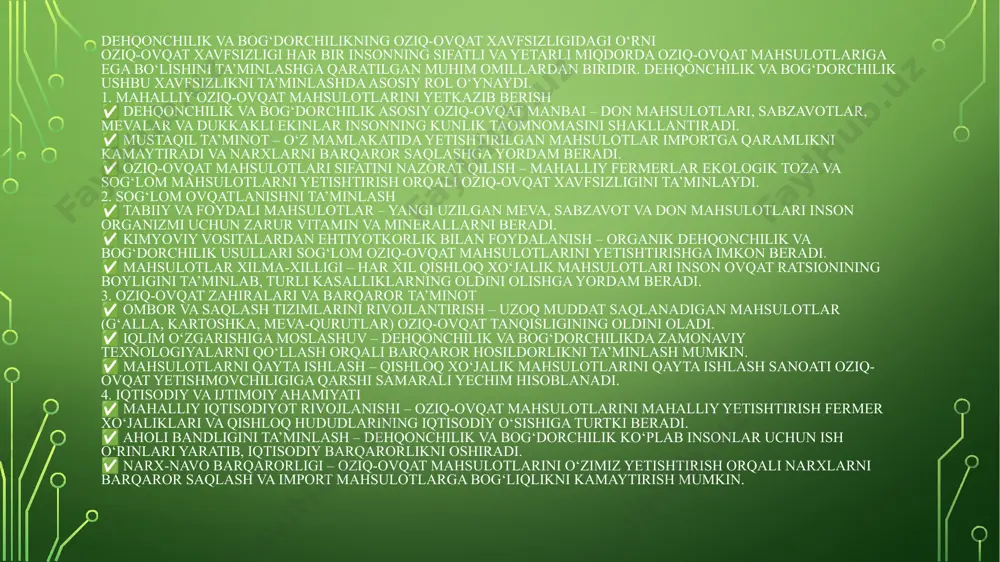 amaradorlikni ta’minlash uchun ilg‘or texnologiyalar va innovatsion usullardan foydalanadi. xususiyatlari: ✅ mexanizatsiya va avtomatlashtirish – traktor, kombayn, sug‘orish tizimlari kabi zamonaviy texnika ishlatiladi. ✅ kimyoviy va biologik vositalar – mineral o‘g‘itlar, pestitsidlar va biologik himoya vositalari ekin yetishtirishda muhim rol o‘ynaydi. ✅ sug‘orish tizimlari rivojlangan – tomchilatib sug‘orish, yomg‘irlatib sug‘orish kabi usullar yordamida suvdan samarali foydalaniladi. ✅ genetik jihatdan yaxshilangan ekinlar – kasalliklarga chidamli va yuqori hosilli urug‘lardan foydalaniladi. ✅ iqlim o‘zgarishlariga moslashgan – issiqxona va yopiq maydonlarda dehqonchilik qilish imkoniyati mavjud. afzalliklari: ✔️ hosildorlik yuqori bo‘ladi. ✔️ mehnat xarajati kamayadi, ishlab chiqarish tezlashadi. ✔️ suv va resurslardan tejamkor foydalanish imkoniyati mavjud. kamchiliklari: ❌ kimyoviy vositalarning haddan tashqari qo‘llanilishi ekologiyaga zarar yetkazishi mumkin. ❌ yuqori texnologiyalar va zamonaviy texnika katta investitsiyalarni talab qiladi. ❌ tuproq unumdorligining kamayish xavfi bor. sug‘oriladigan va lalmi dehqonchilik dehqonchilik turlari suv ta’minotiga qarab sug‘oriladigan va lalmi dehqonchilikka bo‘linadi. bu ikki usulning o‘ziga xos jihatlari, afzalliklari …