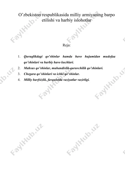 o’zbekiston respublikasida milliy armiyaning barpo etilishi va harbiy islohotlar — DOC
