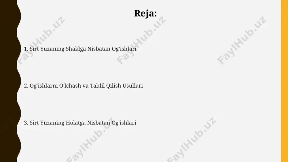 i. sirt yuzaning holatga nisbatan ogʻishlari fargʻona viloyatidagi metallsozlik korxonasida oʻtkazilgan tahlillar shuni koʻrsatdiki, ishlab chiqarilgan 200 ta detalning 8%ida tekislikdan 0,1 mm dan yuqori ogʻish mavjud. samarqanddagi mexanika zavodi tomonidan ishlab chiqarilgan 1000 ta valning 15%ida 0,5 mm dan katta diametr ogʻishi aniqlandi, bu esa qismlarni yigʻishda muammolarga olib kelishi mumkin. toshkentdagi avtomobil zavodida ishlab chiqarilgan 500 ta detallarning sirt yuzasi tekshiruvi natijasida 2 mm dan ortiq ogʻish kuzatildi, bu esa iso 9001 standartlariga mos kelmaydi. kamchiliklarni bartaraf etish yoʻllari 10 mikrondan ortiq boʻlgan sirt sapmalarini bartaraf etish uchun, toshkentdagi “avtomexanika” zavodida qoʻllaniladigan abraziv materiallar yordamida mexanik silliqlash jarayoni samarali hisoblanadi. samarqanddagi ilmiy-tadqiqot instituti tomonidan 3d skanerlash va 0,5 mm gacha aniqlikdagi 3d-printerdan foydalanib, murakkab shakldagi qismlarning noaniqliklarini tuzatish usuli ishlab chiqilgan. fargʻona viloyatida joylashgan korxonada 200 dan ortiq turdagi qoliplarni tayyorlashda mikron darajasidagi aniqlikka erishish uchun lazerli qayta ishlash texnologiyasi qoʻllaniladi, bu notoʻgʻri joylashuv xatolarini minimallashtiradi. tavsiyalar va …