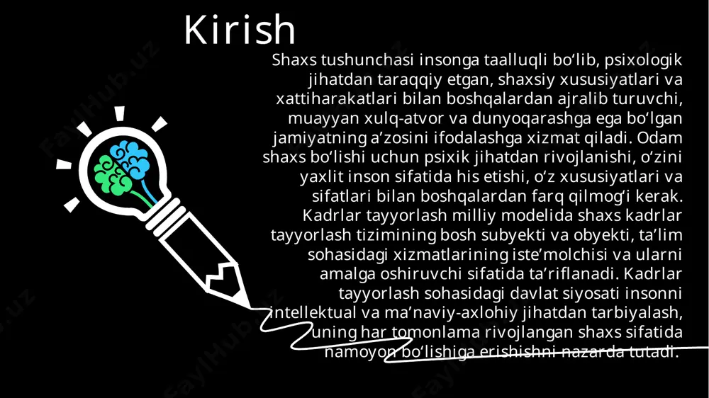 y va ma’naviy jihatdan o’sishiga yordam beradi. shaxsiy faollikning ahamiyati qobiliyat va iste’dodning ro’yobga chiqishida insonning muayyan faoliyatiga qiziqib qarshi bilan bir qatorda uning o’z uyida tinmay ishlashlari, mehnat qilishlari shart. albatta bola buning mohiyatini dastlab yoshli paytida anglab yetmaydi, shuning uchun uni yo’naltirish bevosita tarbiya natijasida olib boriladi. masalan, mashhur grek notig’i - demosfenning (eramiedan oldingi iv asr) omma orasidagi dastlabki nutqlari muvaffaqiyatsizlikka uchragan, uni hatto masqara qilishgan. u duduq, ovozi xasta, qisqa-qisqa nafas oladigan kishi edi. shaxs shakllanishiga oid turli yondashuvlar. zamonaviy pedagogikada shaxs shakllanishiga doir to‘rt yondashuv qaror topgan: biologik yondashuv - inson tabiiy mavjudot bo‘lib, uning butun xatti-harakatlari tug‘ma instinkt va ehtiyojlar natijasidir. inson jamiyat talablariga bo‘ysunishga majbur, shu bilan birga tabiiy ehtiyojlarini ham namoyon qilib boradi. ijtimoiy yondashuv - inson biologik mavjudot sifatida tug‘iladi, faqat hayotiy faoliyati davomida boshqalar bilan doimiy muloqot va ijtimoiy guruhlarning ta’siri ostida ijtimoiylashadi. 3. psixologik yondashuv - insondagi psixik jarayonlar …