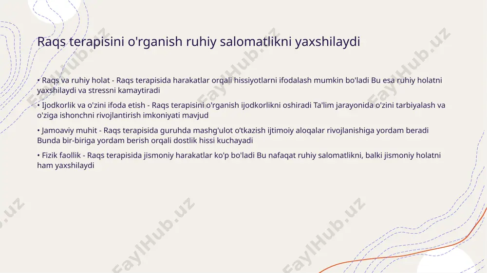 iradi bu esa umuman yaxshi kayfiyatni ta'minlaydi raqs terapiyasida ishtirok etish o'z-o'zini anglashga yordam beradi • emotsional ifoda - raqs terapiyasi jarayonida odamlar o'z his-tuyg'ularini ochiq tarzda ifoda etish imkoniyatiga ega bo'lishadi • jismoniy faollik - raqs orqali jismoniy faoliyatni oshirish o'z-o'zini anglashga va ichki kuchlarni kashf etishga yordam beradi • ijtimoiy aloqalar - raqs terapiyasida ishtirok etish orqali boshqa ishtirokchilar bilan mustahkam ijtimoiy aloqalar o'rnatiladi • stressni kamaytirish - raqs terapiyasi stressni kamaytirish va ruhiy holatni yaxshilash uchun samimiy muhit yaratadi raqs terapiyasi orqali ijtimoiy aloqalarni mustahkamlash • raqsning ijtimoiy ahamiyati - raqs terapevtik jarayonida odamlar orasida yangi ijtimoiy aloqalarni yaratishga yordam beradi. buning natijasida, jismoniy harakatlar orqali hissiy bog'lanish kuchayadi. • emotsional farovonlik - raqs orqali o'z hissiyotlarini ifoda etish imkoniyati, odamlarning emotsional farovonligini oshiradi. bu, o'z navbatida, boshqalar bilan yaxshiroq aloqada bo'lishga yordam beradi. raqs terapiyasida stressni boshqarish strategiyalarini o'rganing • raqsning ahamiyati - raqs terapiyasi organizmga …