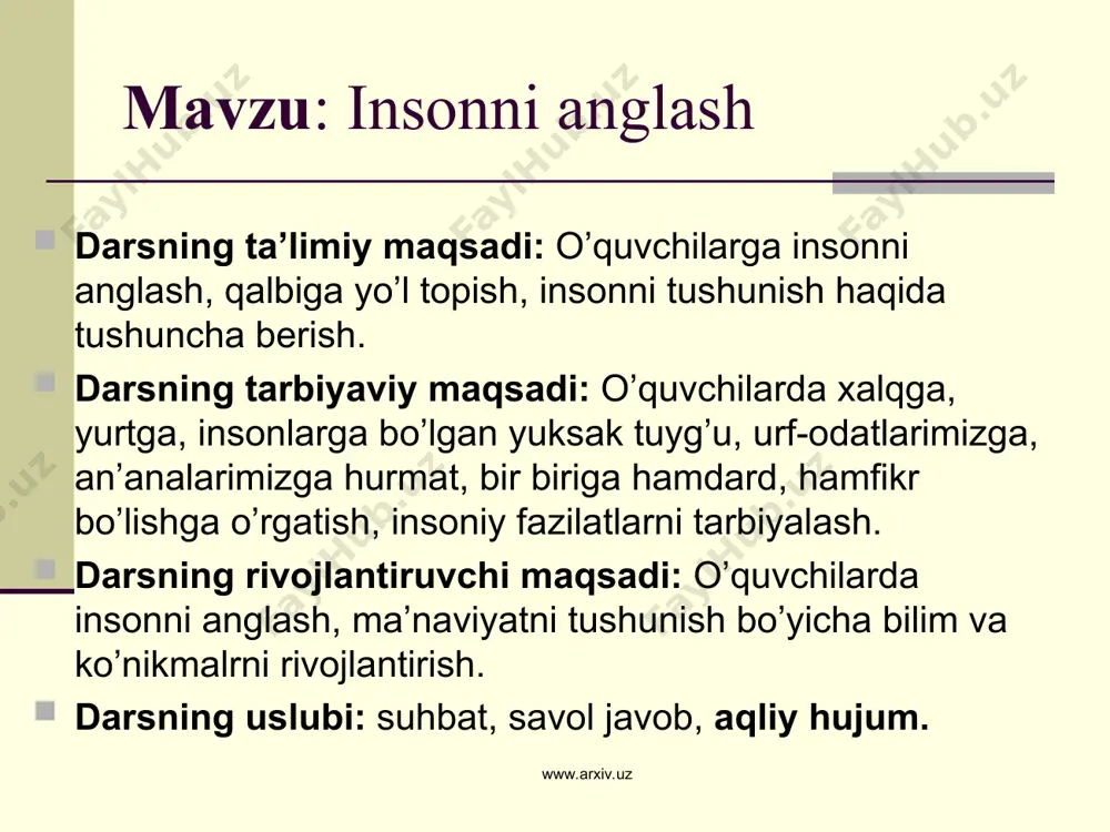 iy" so’zi qanday ma'noni anglatadi. a) xalk ma'nosini b) biror bir davlatga mansublik ma'nosini s) millat ma'nosini d) o’zlikni anglash ma'nosini 4. biz kanday jamiyat barpo etmokdamiz? a) dunyoviy, demokratik, xukukiy. b) mustakil, dunyoviy, demokratik. s) mustakil, xukukiy, demokratik 5. milliy istiklol mafkurasining bosh goyasi =aysi javoblarda tugri kursatilgan? a) komil insonni shakillantirish, xalkni birlashtirish. b) ozod va obod vatan, erkin va farovon xayot parpo etish, s) yangi xukukiy demokratik davlat parpo etish. d) xalkni birlashtirish, til urgatish. ye) yukoridagi javoblarni barchasi tugri. 6. kanday buzgunchi goyalar dunyodagi tinchlik va tarakkiyotga taxdid solmokda va kanday kuchlarga karshi kurashga tayyor turish, ya'ni doimo xushyor va ogox bulib yashamok zarur? a) akidaparastlik. b) nefoshizm s) terrorizm d) diniy ekstremizm ye) yukoridagi javoblarni barchasi tugri. 7. milliy istiklol goyasining ma'no, mazmunini belgilaydigan asosiy manba nima? a) jamiyat, xalk. b) urf-odat, marosim va bayramlar. s) oila, jamiyat, maxala. d) xalkning kadimiy va boy tarixi. …