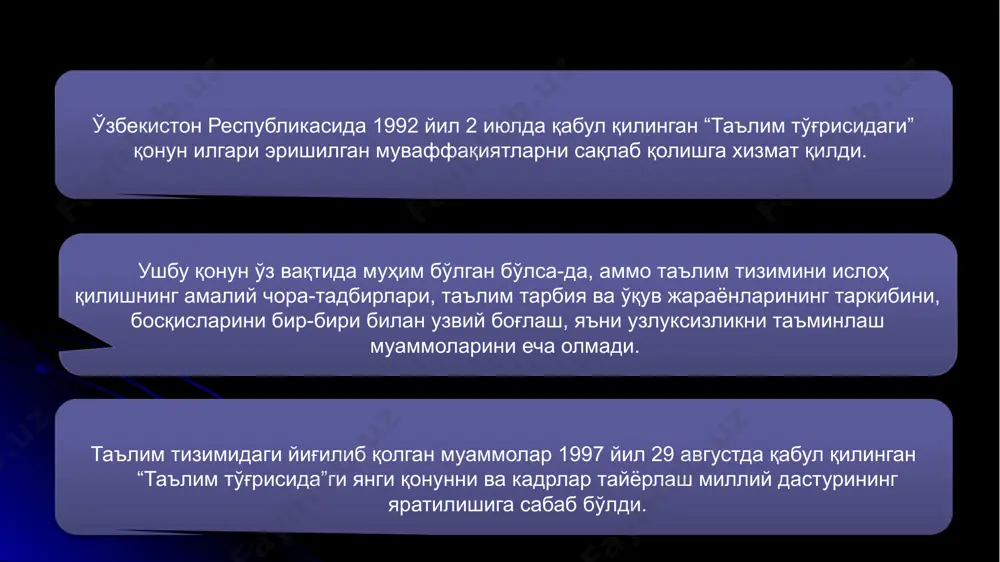 длари томонидан илм фан, таълим намоёндаларини хорижий тажрибага ўрганиш муҳим вазифа қилиб қўйилди. бунинг натижасида табиат ва техника-технология ҳақидаги фанлар ҳам жаҳон андозаси даражасига кўтарила бошланди. 1997 йилнинг декабрида “устоз” жамғармаси ташкил топди. ушбу жамғарманинг асосий мақсади профессор-ўқитувчилар орасидан юқори малакали педагог-устозларни тайёрлашдан иборат. бу жараённи амалга оширишда ривожланган демократик мамлакатларда мавжуд бўлган тажрибалар ўрганилди ва улар татбиқ этилди. давлатимиз раҳбарининг 2018 йил 25 сентябрдаги фармони билан вазирлар маҳкамаси ҳузурида “эл юрт умиди” жамғармаси ташкил этилди. ушбу жамғарма чет элларда фаолият кўрсатаётган салаҳиятли ватандаги олимлар, мутахассислар ва экспертларини ўзбекистонда амалга оширилаётган кенг қамровли ислоҳатларга фаол жал этишга шунингдек иқтидорли ёшларнинг ривожланган мамлакатларда таълим олиш, етакчи халқаро институтлар хамда хорижий ташкилотларда малака оширишда кўмаклашади. 2011-2016 йилларда олий таълим муассасалари моддий-техника базасини мустаҳкамлаш ва юқори малакали мутахассислар тайёрлаш шароитини тубдан яхшилаш чора-тадбирлари дастурини амалга ошириш доирасида 25 та олий таълим муассасасининг 202 та объектида янги қурилди, капитал таъмирлаш ва реконструкция ишлари бажарилди. …