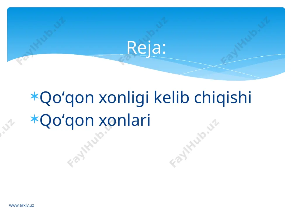 sahrolariga borib taqalardi. bundan tashqari, xonlik tarkibiga olay hududi, balxash koʻli bilan sirdaryoning yuqori oqimi oraligʻidagi yerlar kirardi. billurtogʻning gʻarbiy tomonidagi qorategin, darboz, koʻlob, shugʻnon singari bir qator togʻli tumanlar ham qo’qon xjnligiga tegishli edi. bu yerlarni qoʻqonliklar 19-a.ning 30-y.larida boʻysundirishgan boʻlsa-da, ular tez-tez qoʻldan-qoʻlga, koʻproq buxoro amiri ixtiyoriga oʻtib turardi. www.arxiv.uz qoʻqon adabiy muhitining samarali taʼsiri oʻlaroq bu yurtdan keyinchalik muqimiy, furqat, zavqiy va b. yetuk badiiy soʻz sanʼatkorlari yetishib chiqdilar va oʻz xalqining erki, hurligi va ozodligi uchun xizmat qildilar. umuman olganda, 19-a.ning oʻrtalariga kelib, oʻrta osiyo xonliklarida adabiyot va tarixshunoslik bilan bir qatorda mat., tibbiyot, geogr., astro-nomiyaga oid hamda diniy asarlar yara-tildi. bu xonliklarda miniatyura va xattotlik sanʼati ham oʻz oʻrniga ega. bu davrning madaniy hayotida dorbozlik, askiya, qoʻgʻirchoq teatri, masxa-rabozlik, ayniqsa, bastakorlik bir-muncha rivojlandi. www.arxiv.uz shohruhbiy 1710—1721 abdurahimbiy 1721—1739 abdukarim 1739—1746 erdanabiy 1746—1770 sulaymon 1770 iii shohruh 1770 narboʻta biy 1770—1800 olim 1800—1809 muhammad umar 1809—1822 …