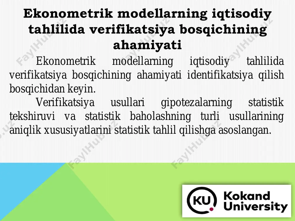 kil qilganini ko‘rsatadi 𝑅2 qanchalik katta bo‘lsa, natijaviy ko‘rsatkich 𝑦 ning dispersiyasi regressiya tenglamasidan kelib chiqadi va regressiya tenglamasi dastlabki ma’lumotni yaxshiroq ta’riflaydi. regressiya tenglamasining sifatini (aniqligini) baholash uchun determinatsiya koeffitsient dan foydalanish mumkin. fisherning f-mezoniga ko‘ra, regressiya tenglamasining statistik ahamiyatligi tekshiriladi. f qiymatini 𝑅2 determinatsiya koeffitsienti bo‘yicha ifodalanishi mumkin: , 𝐹 = 𝑅2 1 − 𝑅2 ∙ 𝑛 − 𝑘 − 1 𝑘 masalan 30 ta kuzatuvlar bo‘yicha qo‘yidagi regressiya teglamasi olingan. uning muhimligini 𝛼 = 0,05 ahamiyatligi darajasida tekshirish kerak. 𝑘 = 1 ni hisobga olgan holda f-statistikasining qiymatini aniqlaylik fisherning f- kriteriyasi jadvali buycha: 𝑘1 = 𝑘, 𝑘2= 𝑛 − 𝑘 − 1 = 30 − 1 − 1 = 28 va 𝛼 = 0,05 𝐹𝑗𝑎𝑑 = 4,2 . 𝐹 = 42 > 𝐹𝑗𝑎𝑑 = 4,2 bo‘lgani uchun regressiya tenglamaning statistik ahamiyatligi to‘g‘risida xulosa qilishimiz mumkin. approksimatsiya xatoligi – bu nazariy 𝑦 ning xaqiqiy 𝑌 qiymatlaridan o‘rtacha …
