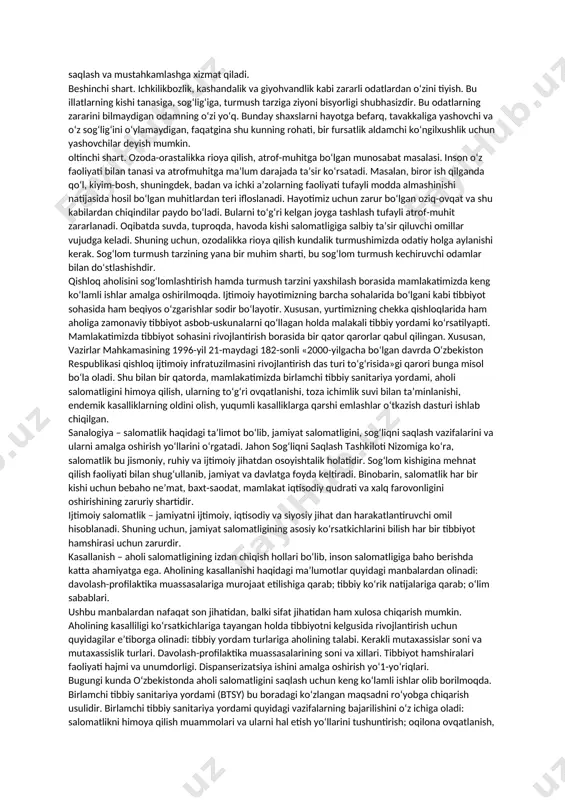 biologik jarayonlar tezlashadi va oqibatda kayfiyati ko‘tariladi, ishchanligi ortadi. shubhasiz, bu salomatlikni mustahkamlashga xizmat qiladi. uchinchi shart. kun va ishni biologik rejimlar asosida tashkil qilish. koinotda tabiiy hodisalar ma’lum bir tartib asosida takrorlanadi. xususan, quyoshning har kuni ma’lum vaqtda chiqishi va botishi, yil fasllarining har yili takrorlanishi tabiatdagi barcha harakatlarning ma’lum bir tartibga bo‘ysundirilganligiga misol bo‘la oladi. xuddi shuningdek, tartibli harakatlar kishi badanida ham sodir bo‘ladi. masalan, yurakning har daqiqada 70–75 marotaba bir maromda urishi, nafas olishning bir daqiqada 16–20 marta takrorlanishi kishi tanasida ma’lum bir qonuniyat borligidan darak beradi. bunday tartibga solingan biologik hodisalar 100 dan ortiq. odam tanasi to‘qimalaridagi o‘zgarishlar ham shu qonuniyatga bo‘ysunadi. demak, tabiatdagi va tanamizdagi hodisalar o‘ziga xos qoidalarga amal qilar ekan, biz kundalik turmushimizni ma’lum bir tartib asosida tashkil etishimiz va bu tartib badanimizdagi o‘zgarishlarga mos bo‘lishi kerak. masalan, inson paydo bo‘lganidan beri uning tanasidagi faollik kunduzi ortadi, kechasi susayadi. bordiyu biz shu tartibga …