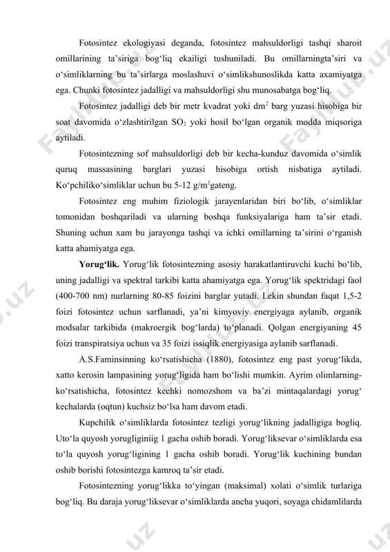 klarda fotosintez tezligi yorug‘likning jadalligiga bogliq. utо‘la quyosh yorugliginiig 1 gacha oshib boradi. yorug‘liksevar о‘simliklarda esa tо‘la quyosh yorug‘ligining 1 gacha oshib boradi. yorug‘lik kuchining bundan oshib borishi fotosintezga kamroq ta’sir etadi. fotosintezning yorug‘likka tо‘yingan (maksimal) xolati о‘simlik turlariga bog‘liq. bu daraja yorug‘liksevar о‘simliklarda ancha yuqori, soyaga chidamlilarda esa past bо‘ladi. masalan, ayrim soyaga chidamli о‘simliklarda (marshansiya moxida) fotosintezningyorug‘likkatо‘yingan xolati yorug‘lik 1000 lk bо‘lganda yuz beradi, yorug‘liksevar о‘simpiklarda esa 10000-40000 lk.da yuz beradi. kо‘pchilik qishloq xо‘jalik ekinlari xam yerug‘liksevar о‘simliklar guruhiga kiradi. yorug‘likning maksimal darajadan yuqori bо‘lishi xlorofnllarning va xloroplastlarning‘ buzilishiga sababchi bо‘lishi mumkin, natijada о‘simliklarning mahsuldorligi kamayadi. eng yuqori yorug‘likda fotosiitez jadalligi о‘simliklarning nafas olish tezligidan sezilarli darajada baland bо‘ladi, ya’ni fotosintez uchun yutilgan so3 ning miqdori nafas olish jarayonida ajralib chiqqan s02 ning miqdoridan kо‘p bо‘ladi. yorug‘likning pasayib borishi natijasida esa so2 lar о‘rgasidagi farq ham kamayib boradi. fotosintez jarayonida yutilgan so2 ning miqdori bilan nafas olishdan ajralib …