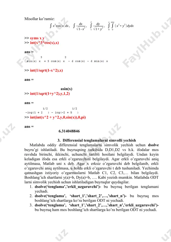 hart_1’,’shart_2’,…,’shart_n’,’erkli_uzgaruvchi’)- bu buyruq ham mos boshlang’ich shartlarga asosan odts ni yechadi. 5. dsolve(‘tenglama_1,tenglama_2,…, tenglama_n’, ‘shart_1’, ’shart_2’,…,’ shart_n’, ’erkli_uzgaruvchi’)- bu buyruq ham mos boshlang’ich shartlarga asosan berilgan dts ni yechadi. quyidagi differensial tenglamalarni yechamiz: 1. 2. 3. 4. 5. 6. 7. , . >> dsolve('dy=sin(y-x)') ans = >> dsolve('d2y*(exp(x)+1)+dy=0') ans = >> dsolve('x*dy+y=y^2','y(1)=0.5','x') ans = >>dsolve('d3y-4*d2y+3*dy=x^2+x*exp(x)','y(0)=1,dy(0)=-1, d2y(0)=0','x') >>dsolve('d4y+d2y=2*cos(x)','y(0)=-2','dy(0)=1','d2y(0)=0','d3y(0)=0','x') ans = 4. odt larning sonli yechimlarini toppish ayrim hollarda odt larni simvolik yechib bo’lmay qoladi. bunday holatda ularni sonli usulda yechish, grafigini qurish kerak bo’ladi. buning uchun matlab tizimida ko’pgina tayyor funksiyalar qurilgan bo’lib, ular differensial tenglamaning turiga qarab ishlatiladi. bu tayyor funksiyalar m-funksiyalardan iborat bo’lib, ular odt yechuvchilari diyiladi. ular quydagilardan iborat: 1. ode45-bir qadamli oshkor 4 – va 5- tartibli runge –kutta usuli. 2. ode113- o’zgaruvchi tartibi ko’p qadamli adamas-bashvort-multon usuli. bu usul yechimni yuqori aniqlikda izlash uchun qo’llaniladi. 3. ode15s- o’zgaruvchi tartibi ko’p qadamli usul. bu usul ayrim murakkab …